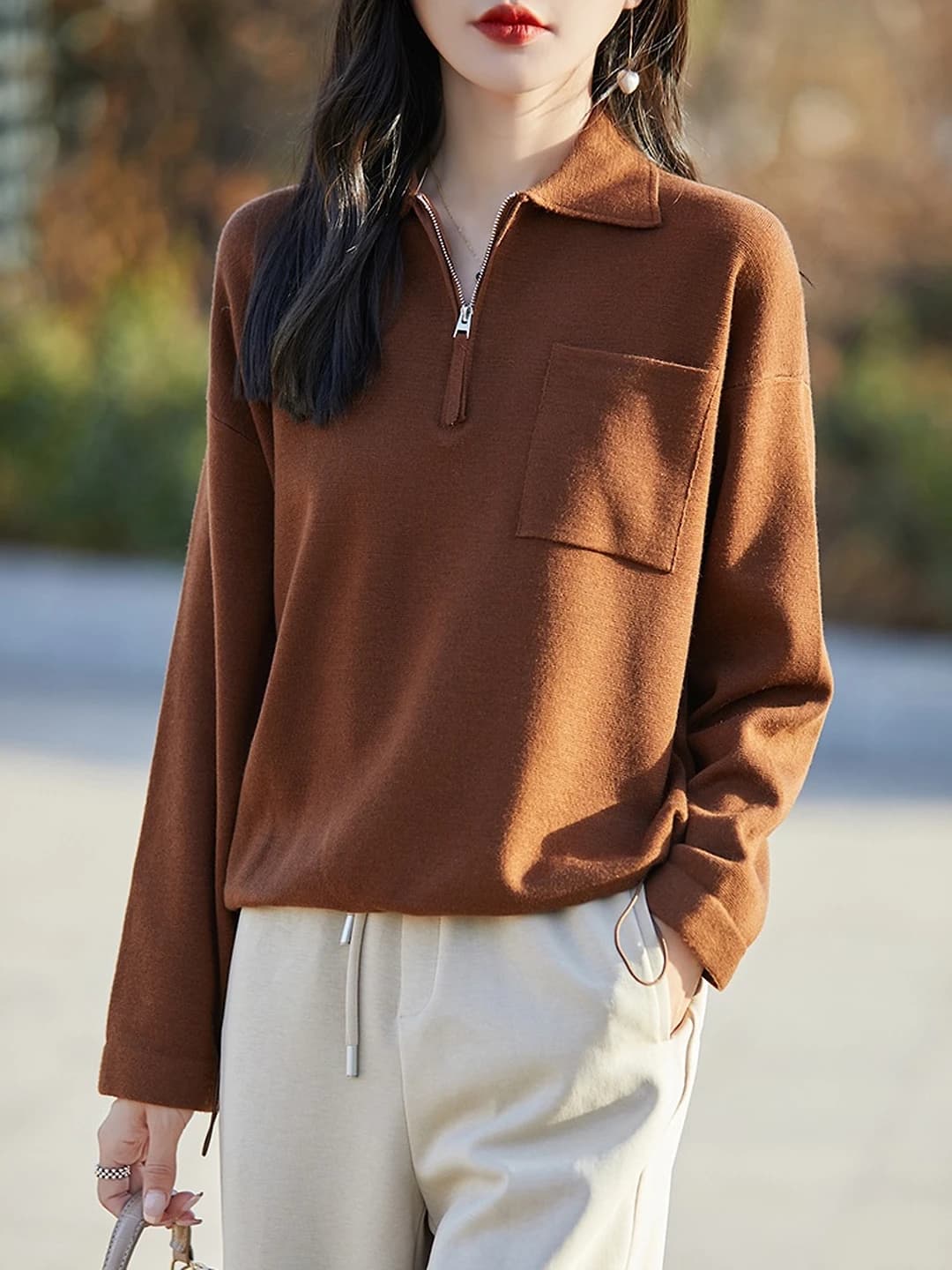Women's knit top with lapel collar, casual, loose fit, long sleeve, zip, wool, autumn-winter