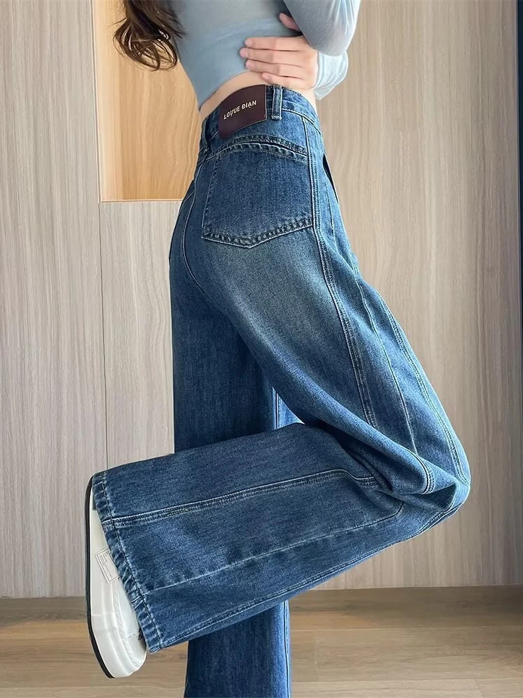 Ayollar uchun retro bahor-yoz baland bel keng va klesh jinsi shimlar, to'g'ri kesim, bo'sh (oversize), nozik ko'rsatadigan, katta o'lcham