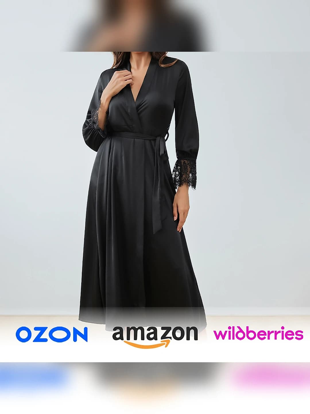 Women's summer satin nightgown, lace, french style, open back, trousers, long sleeve, thin