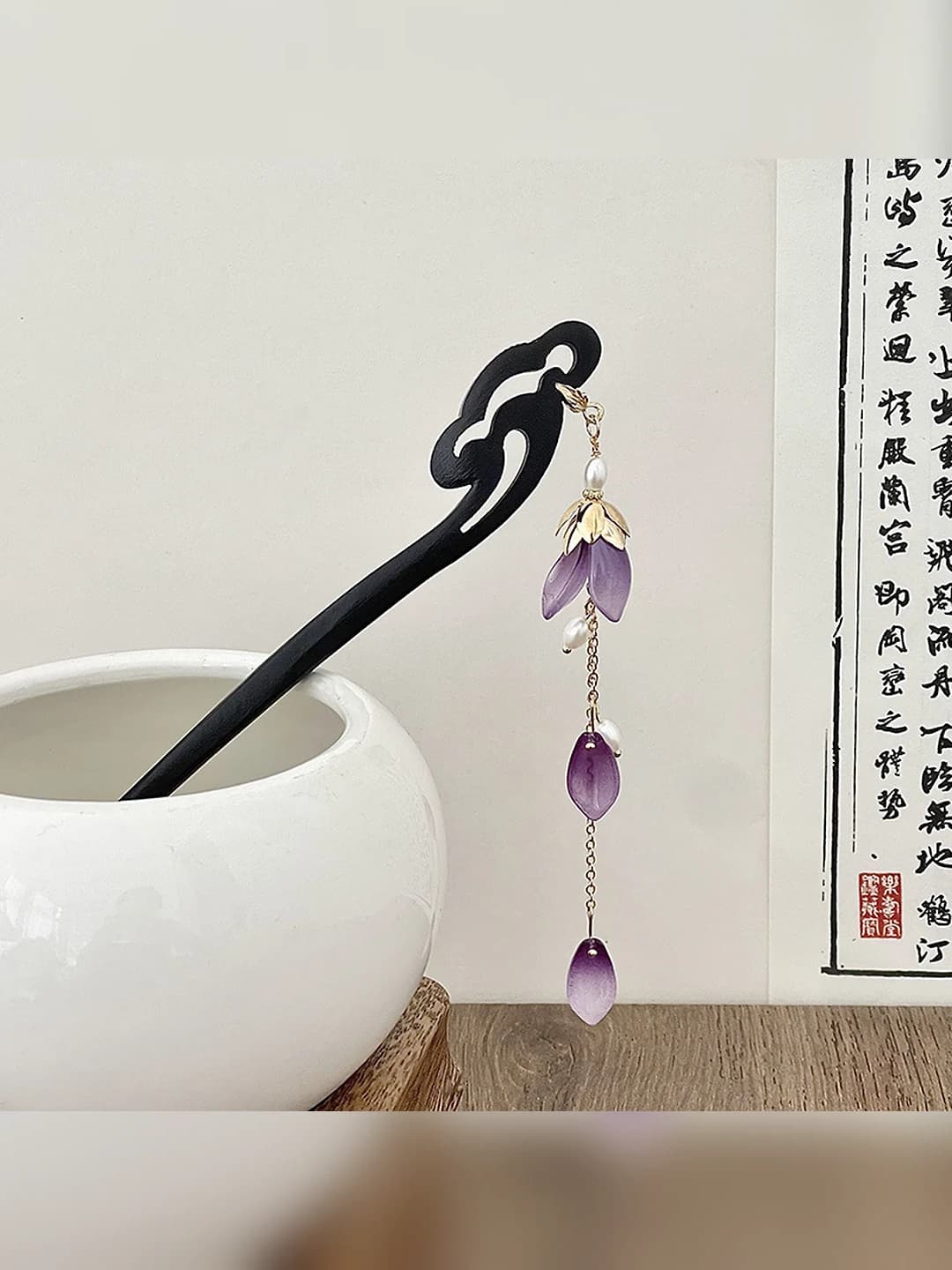 2# Purple flowers, pearl tassels hairpin (18 cm)