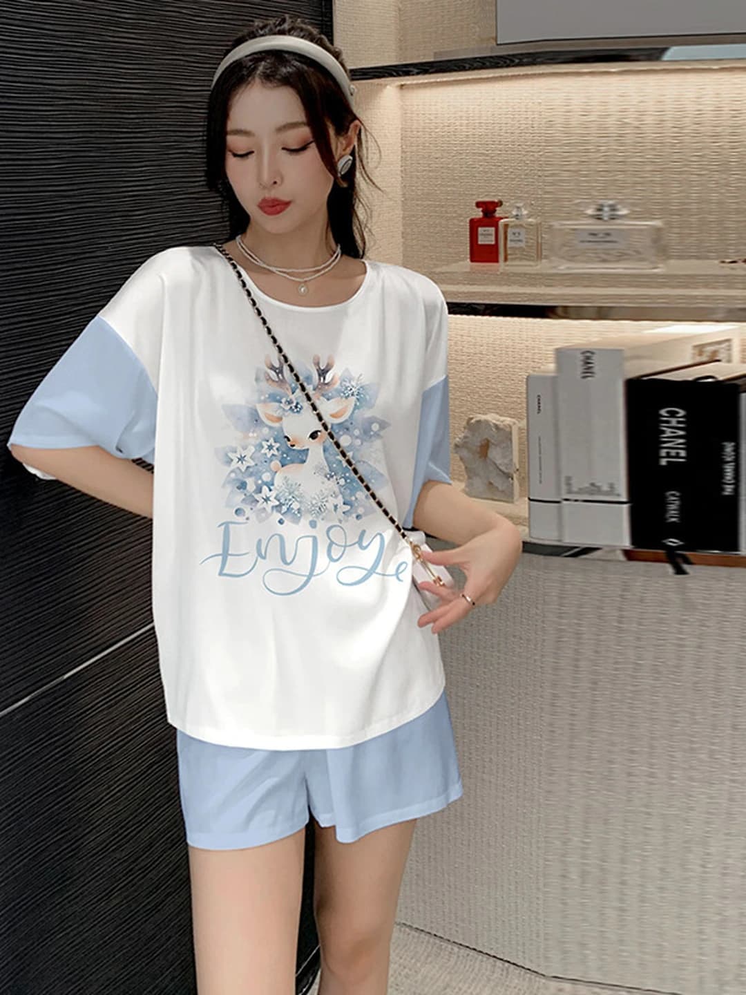 Ayollar uchun yozgi yupqa satin shpajon pijama to'plami, dumaloq yoqa, yarim yeng, shorti, muz-ipak mato