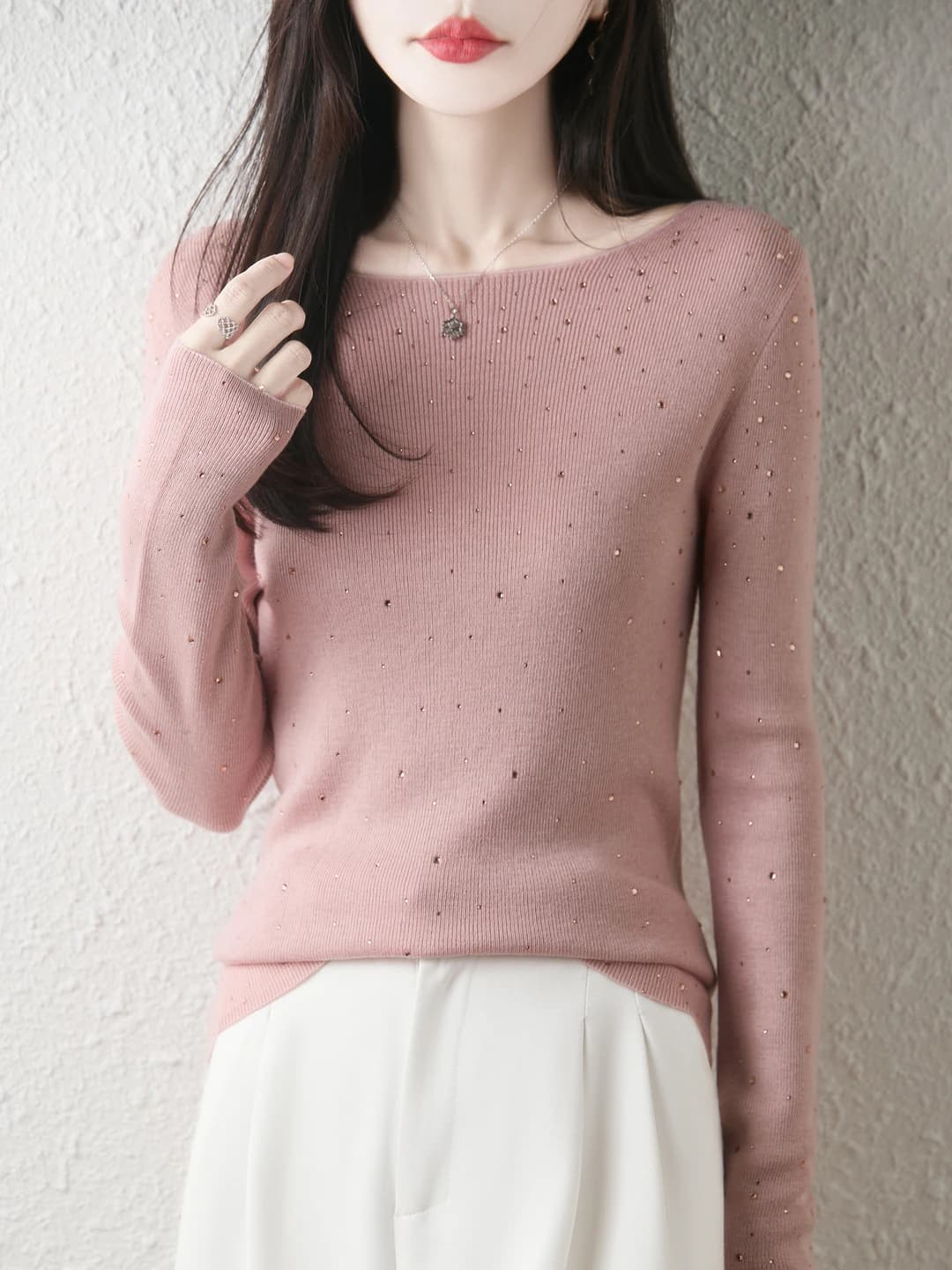 Women's wool knit sweater 2026 early autumn, boat neck, long sleeve, slim fit, slimming, solid colour, rhinestone, long-sleeve base top