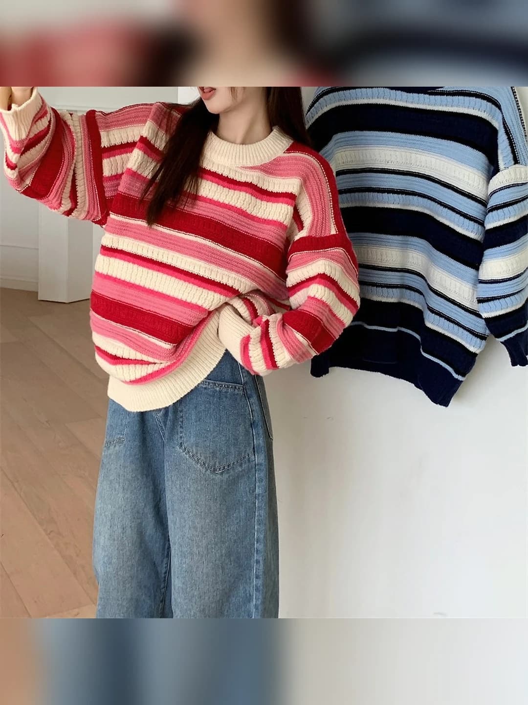 Women's striped cable knit sweater, loose fit, long sleeve, crew neck, spring-autumn