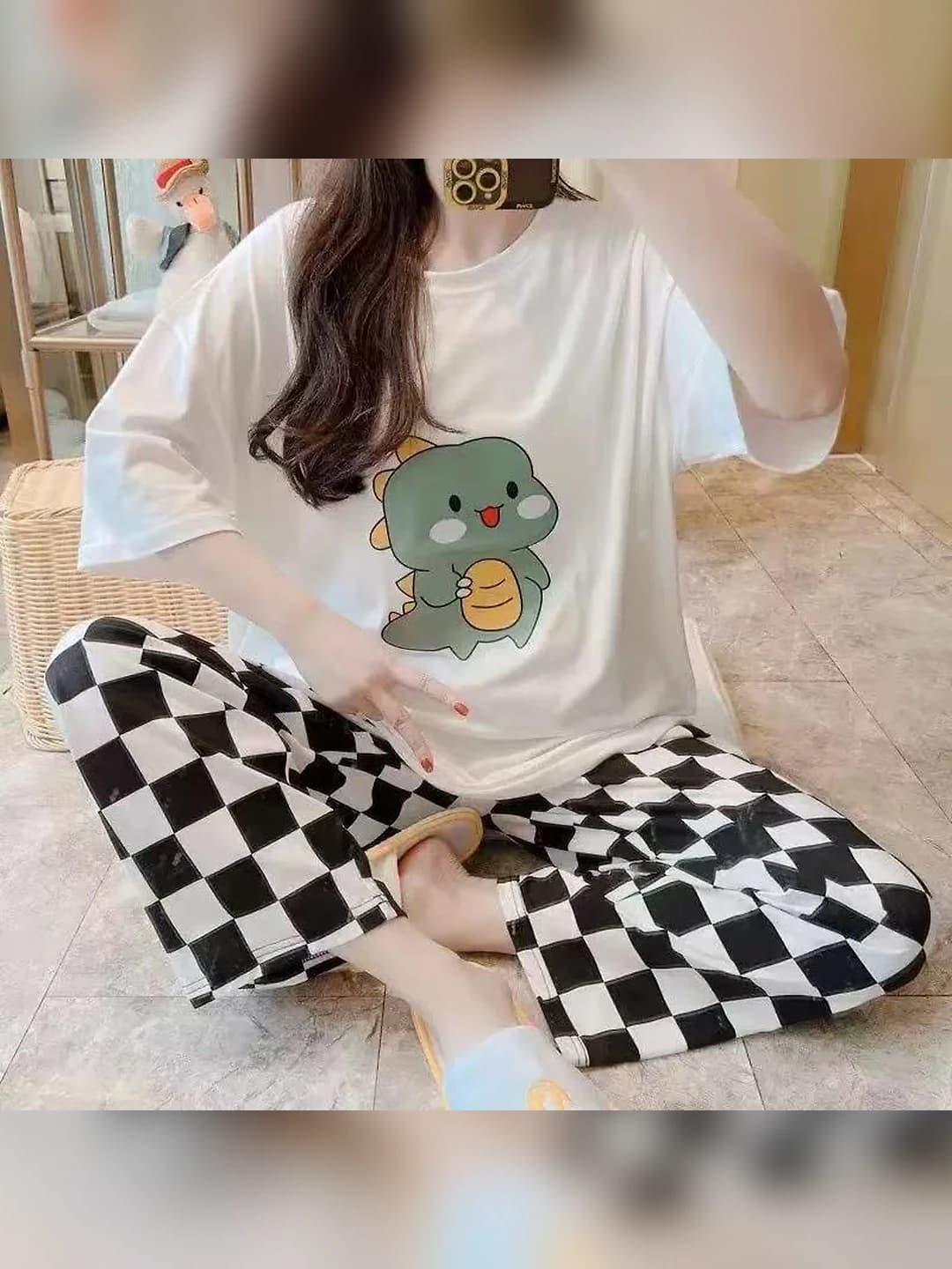 Short/Long # Plaid green dino