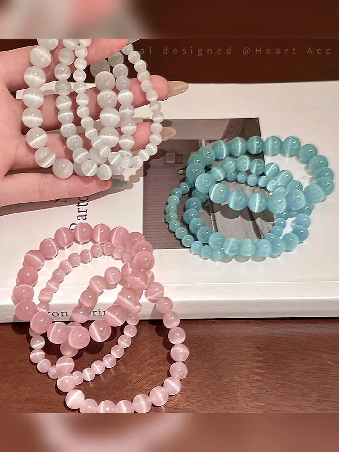 Women's pink cat's eye bead bracelet, handmade, 2026