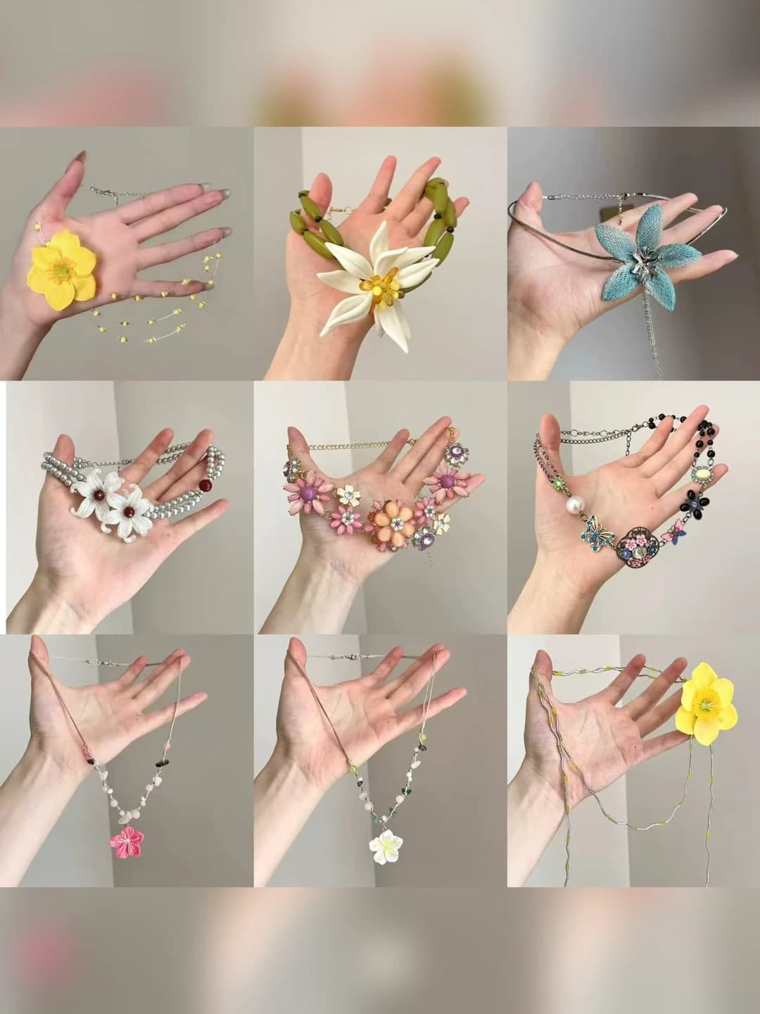 Women's short beaded necklace with flowers in French style for summer