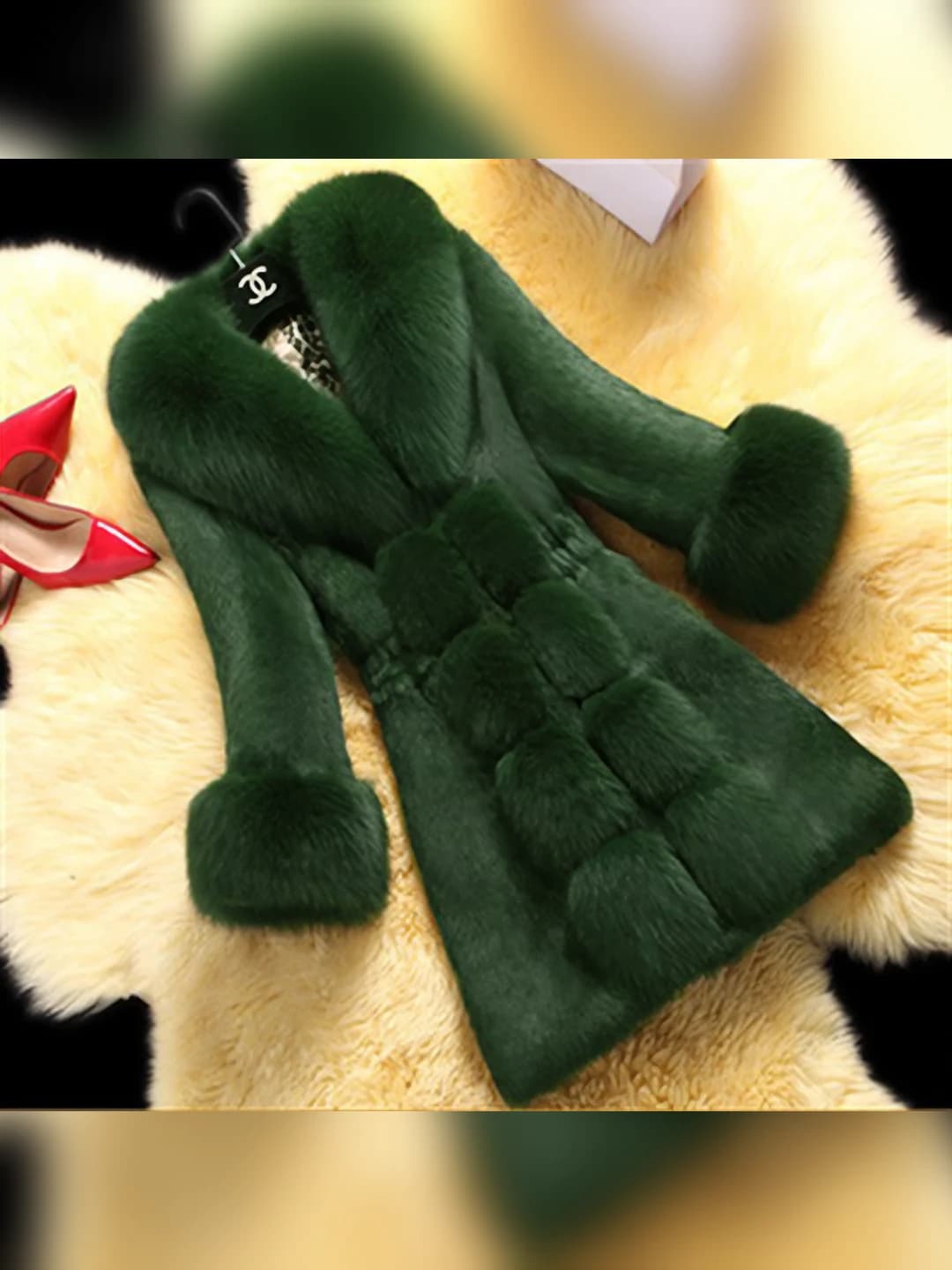 Women's thickened plus size mid-length faux fur coat with long sleeves and V-neck, elegant style for autumn-winter