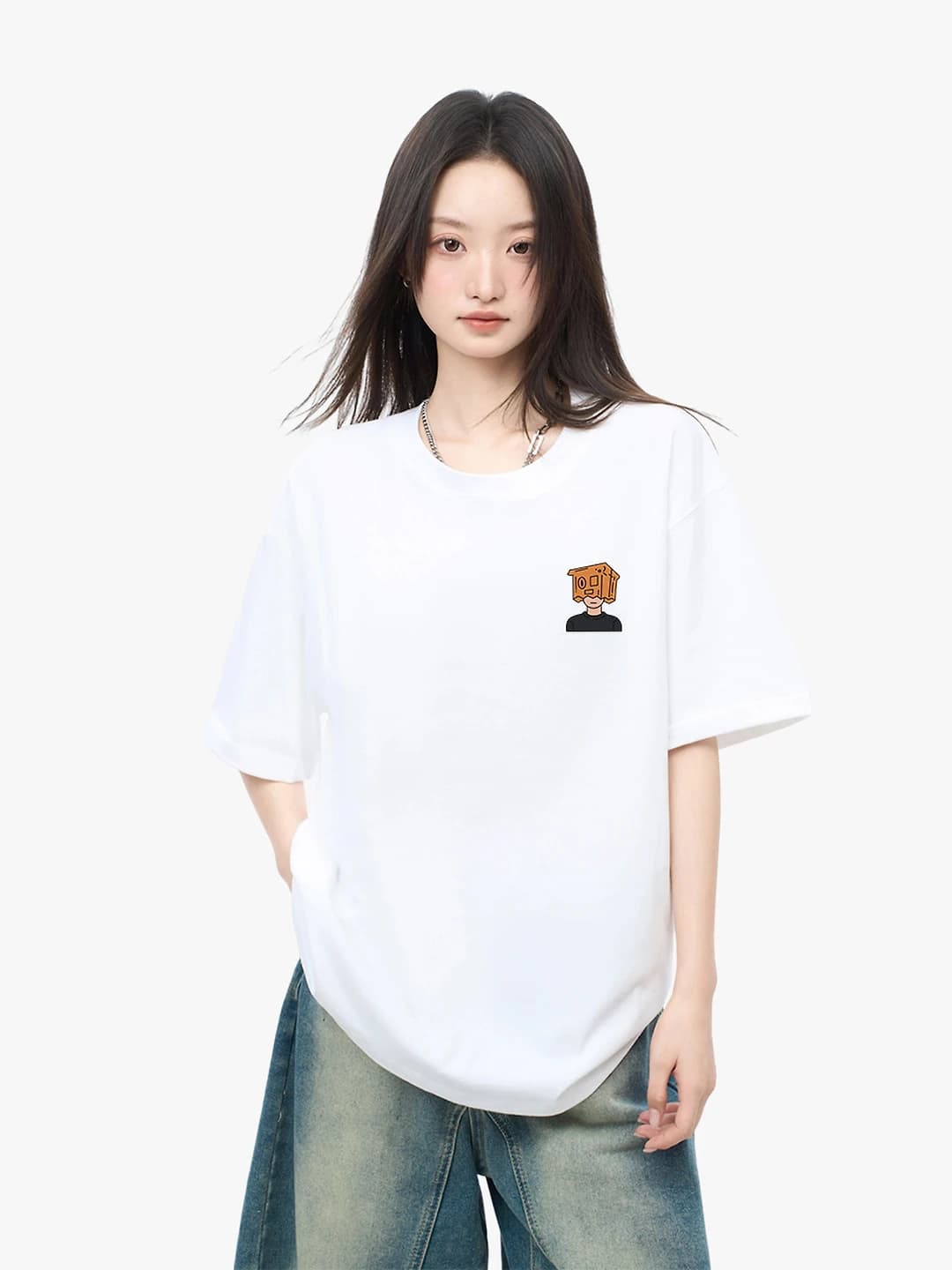 Women's Korean style casual t-shirt, pure cotton, crew neck, short sleeve, loose fit, printed, mid-length, summer 2026