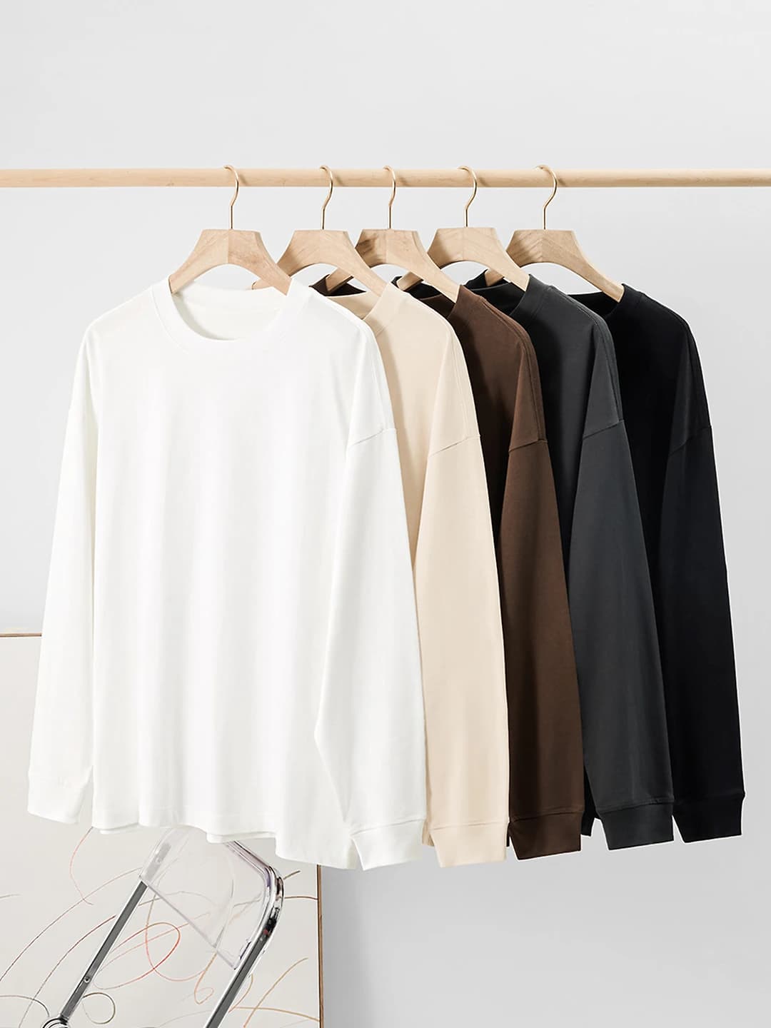 Women's autumn pure cotton long-sleeve base top, 300g heavy, crew neck, long sleeve, loose fit, solid colour casual t-shirt