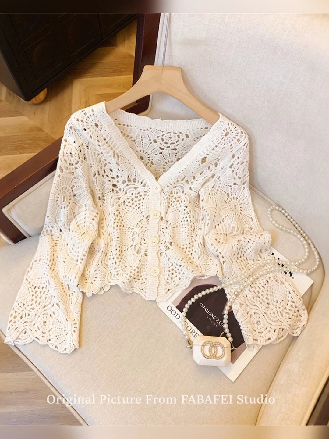 Women's retro lace knit cardigan, spring-summer, long sleeve, slim fit, crew neck, solid colour