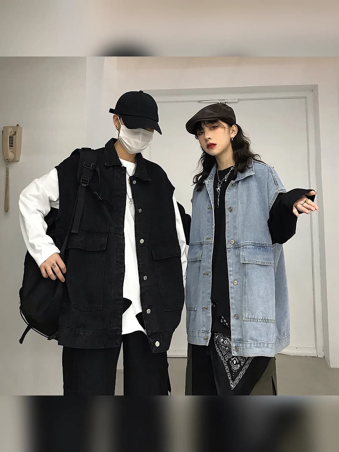 Women's retro loose fit denim vest with lapel collar, solid colour, spring-summer