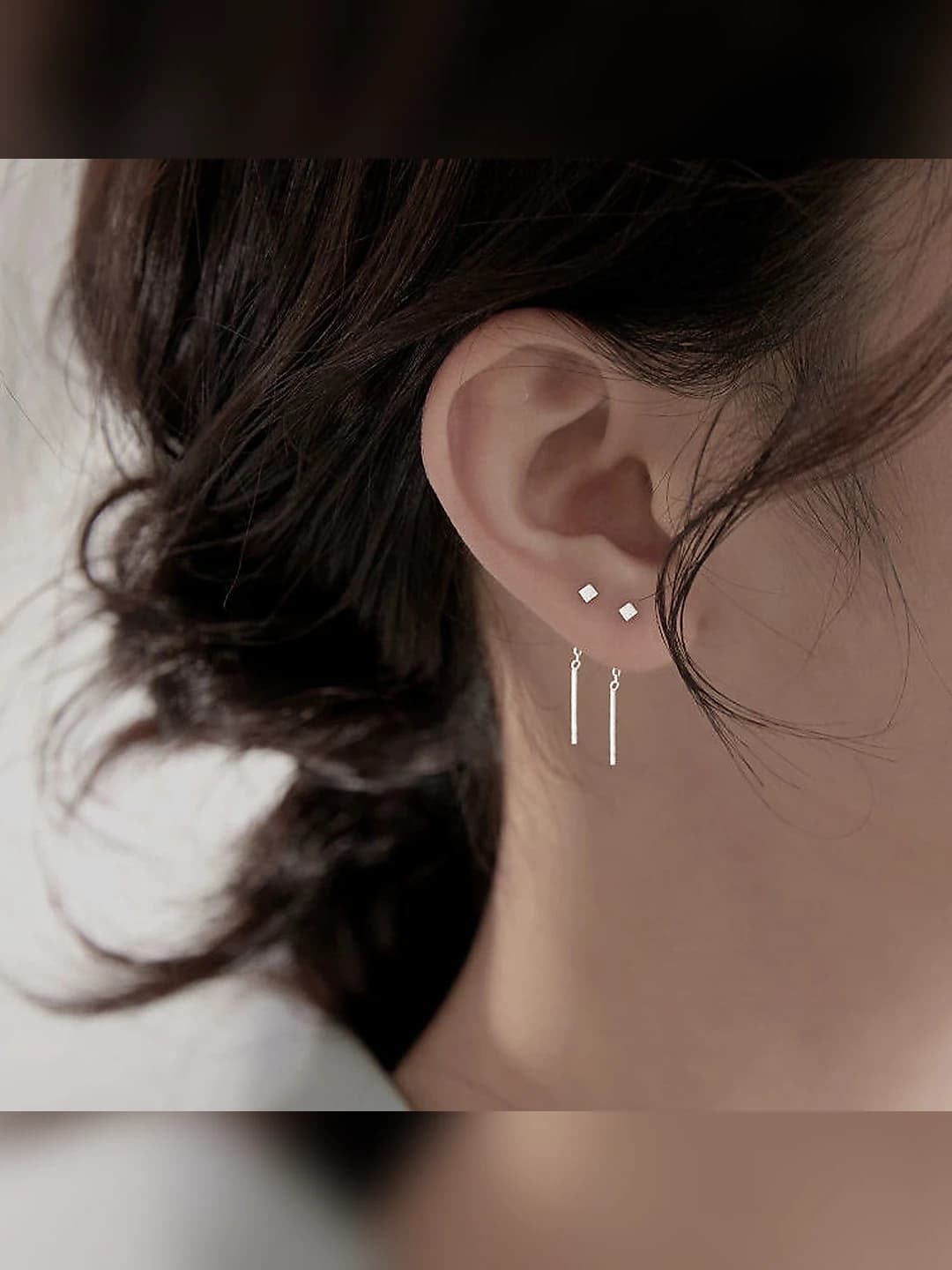Women's 925 silver post studs, simple minimalist style, small square shape, sleep-friendly, trendy chain earrings