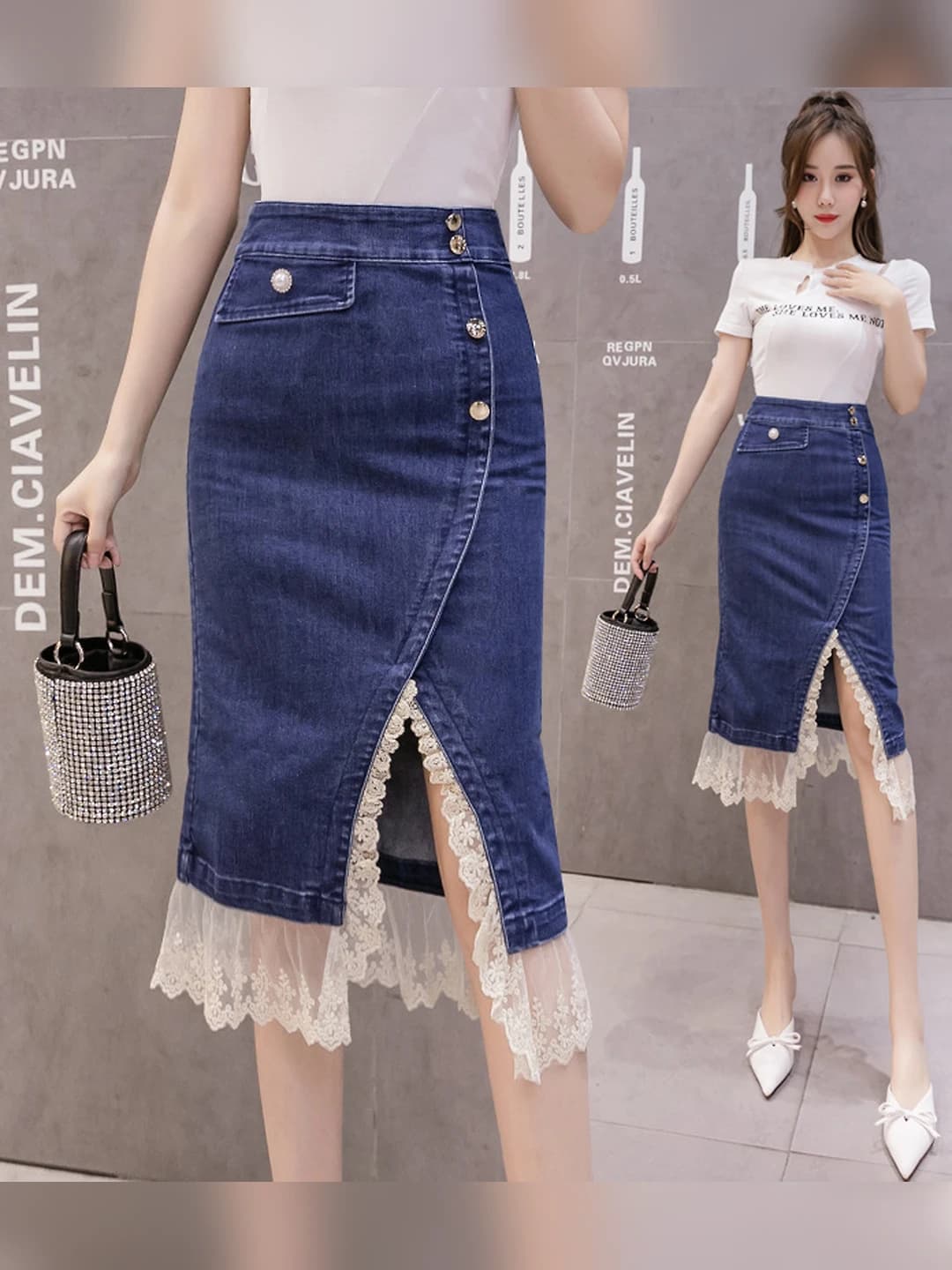 Women's denim skirt with lace, high waist, slimming, mid-length, A-line