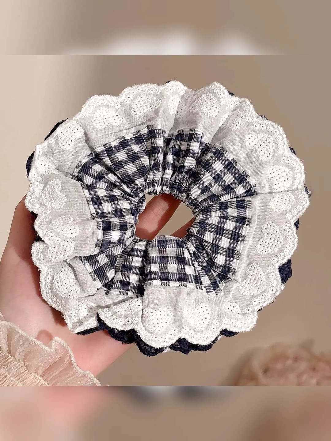 1# Navy small check, heart, lace, 16 cm