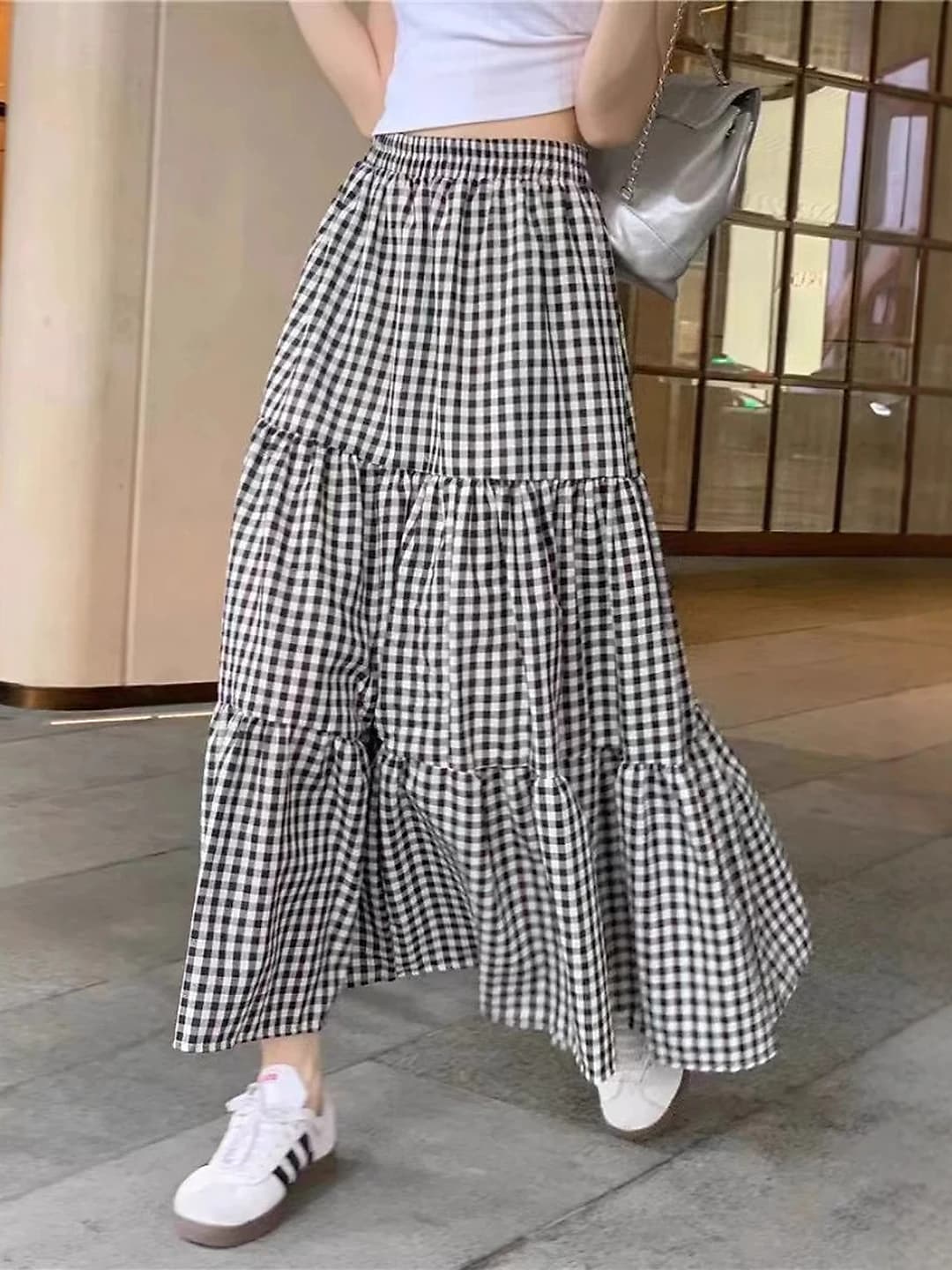 Women's A-line tiered long skirt, checked, retro, high waist, slimming, summer 2026