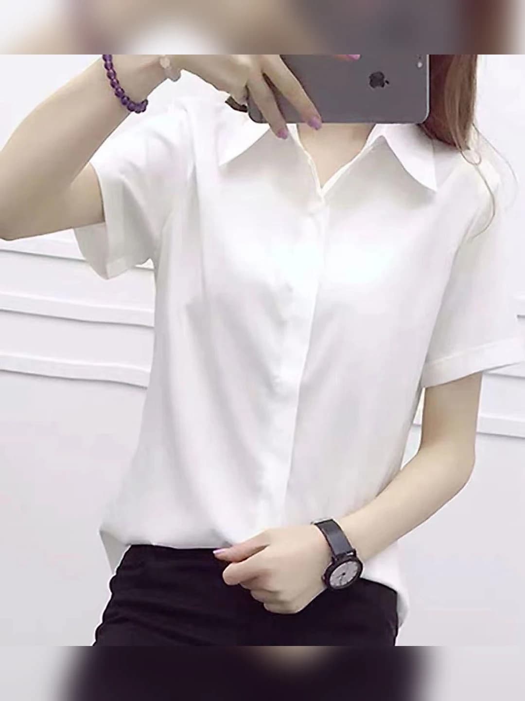 White, short sleeve, hidden buttons