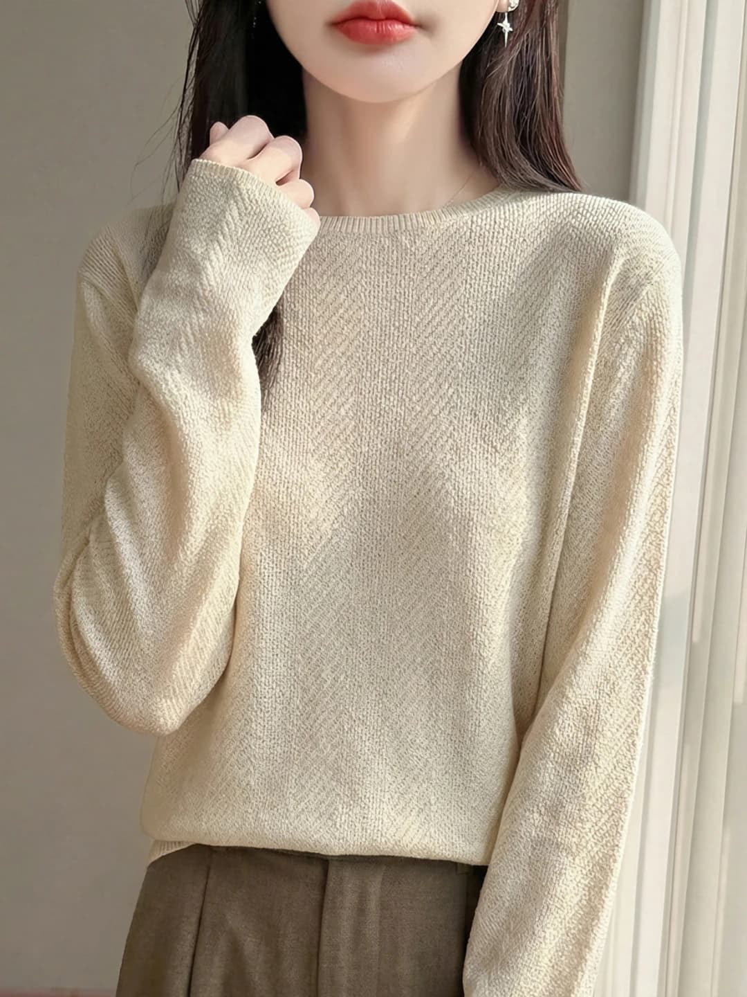 Women's summer thin mulberry silk and wool loose fit long sleeve crew neck knitted top