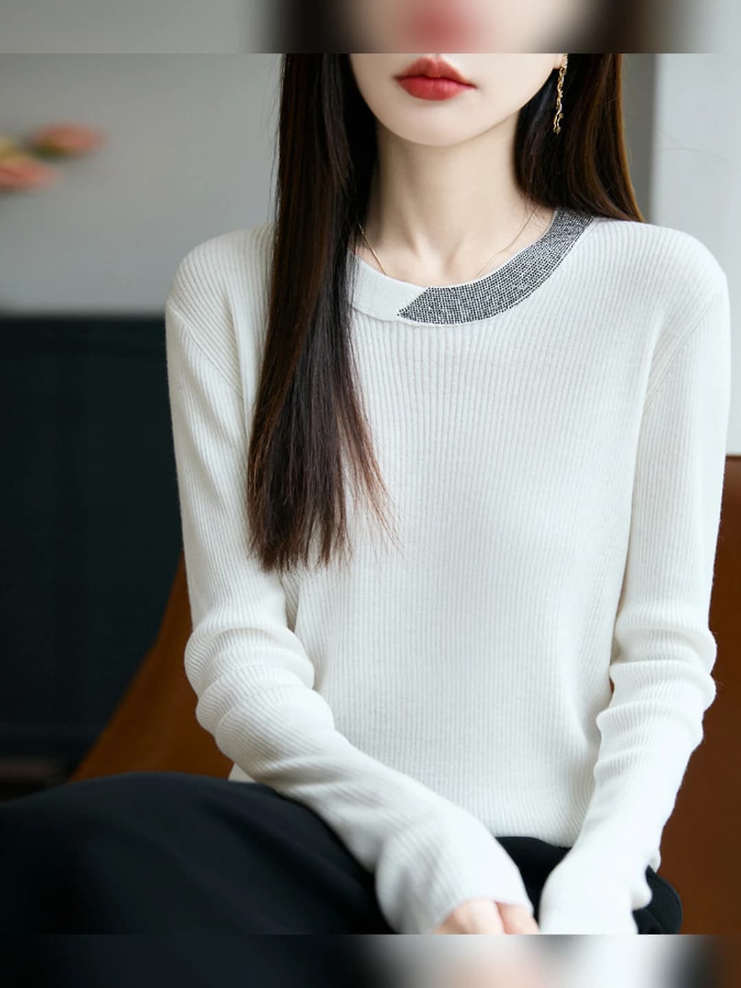 Women's autumn crew neck long sleeve loose fit slimming solid colour wool sweater