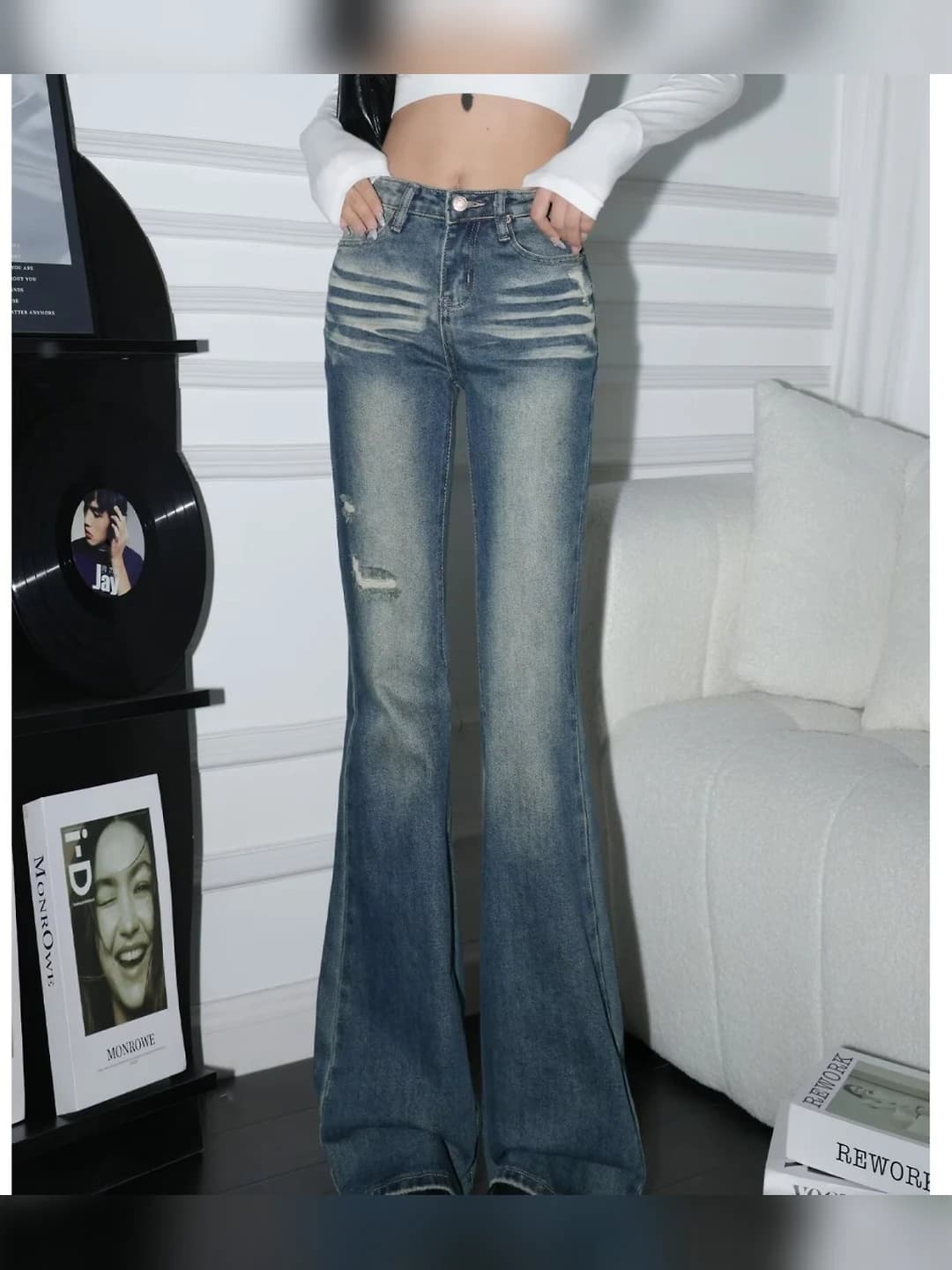Ayollar uchun kundalik baland bel, nozik ko'rsatadigan, bo'sh (oversize) keng va klesh jinsi shimlar