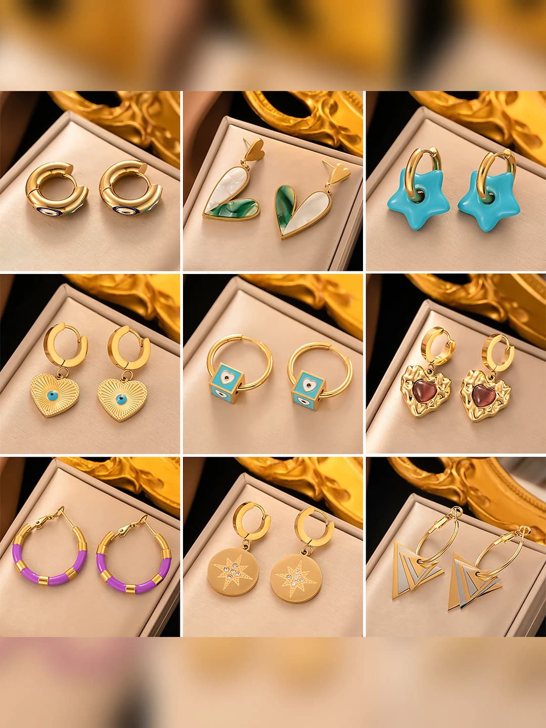 Women's set of geometric tassel earrings, ring and bracelet