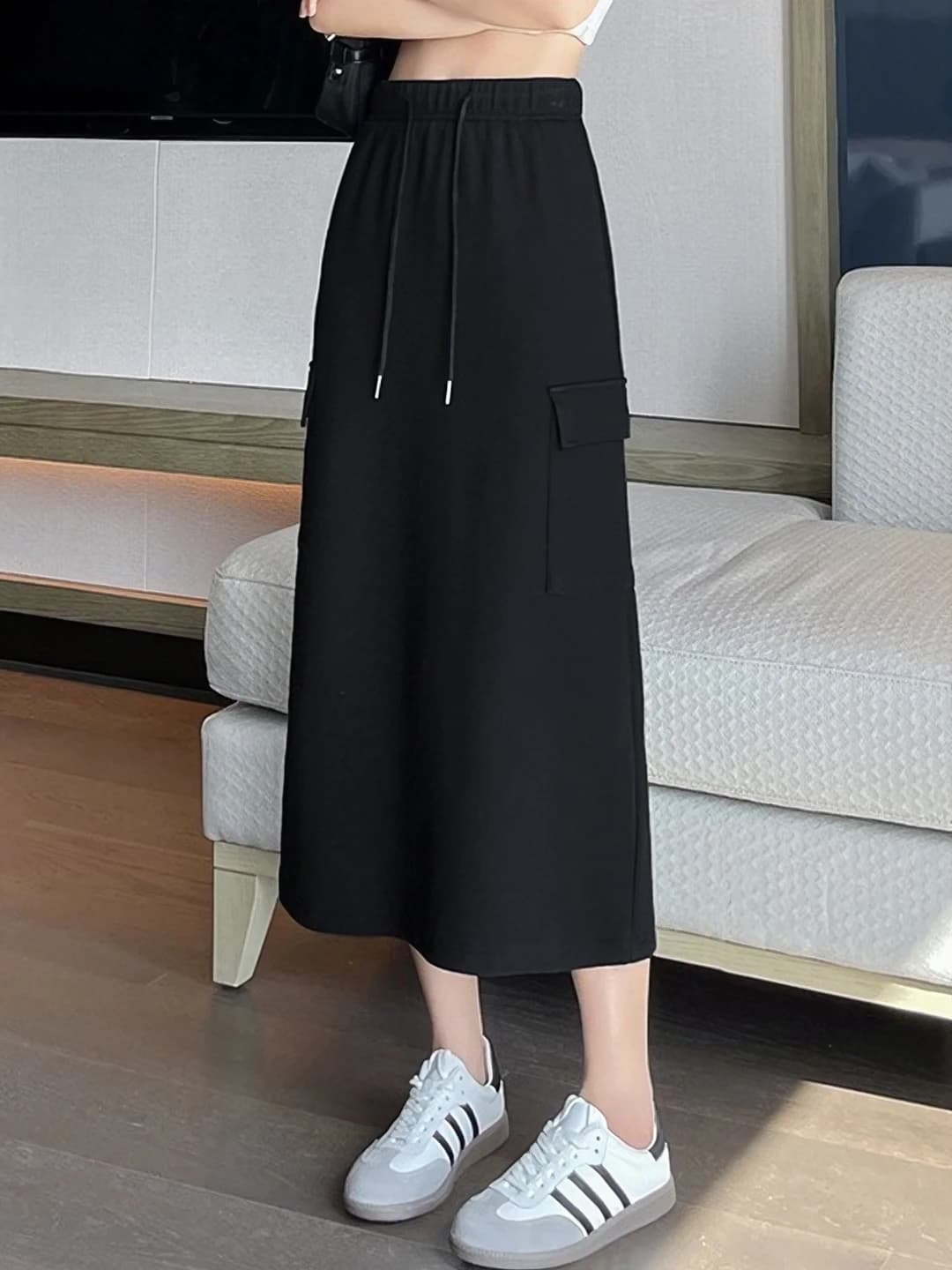 Women's autumn-winter skirt, elastic waist, high waist, slimming, straight cut, solid colour, patchwork, stretch, casual