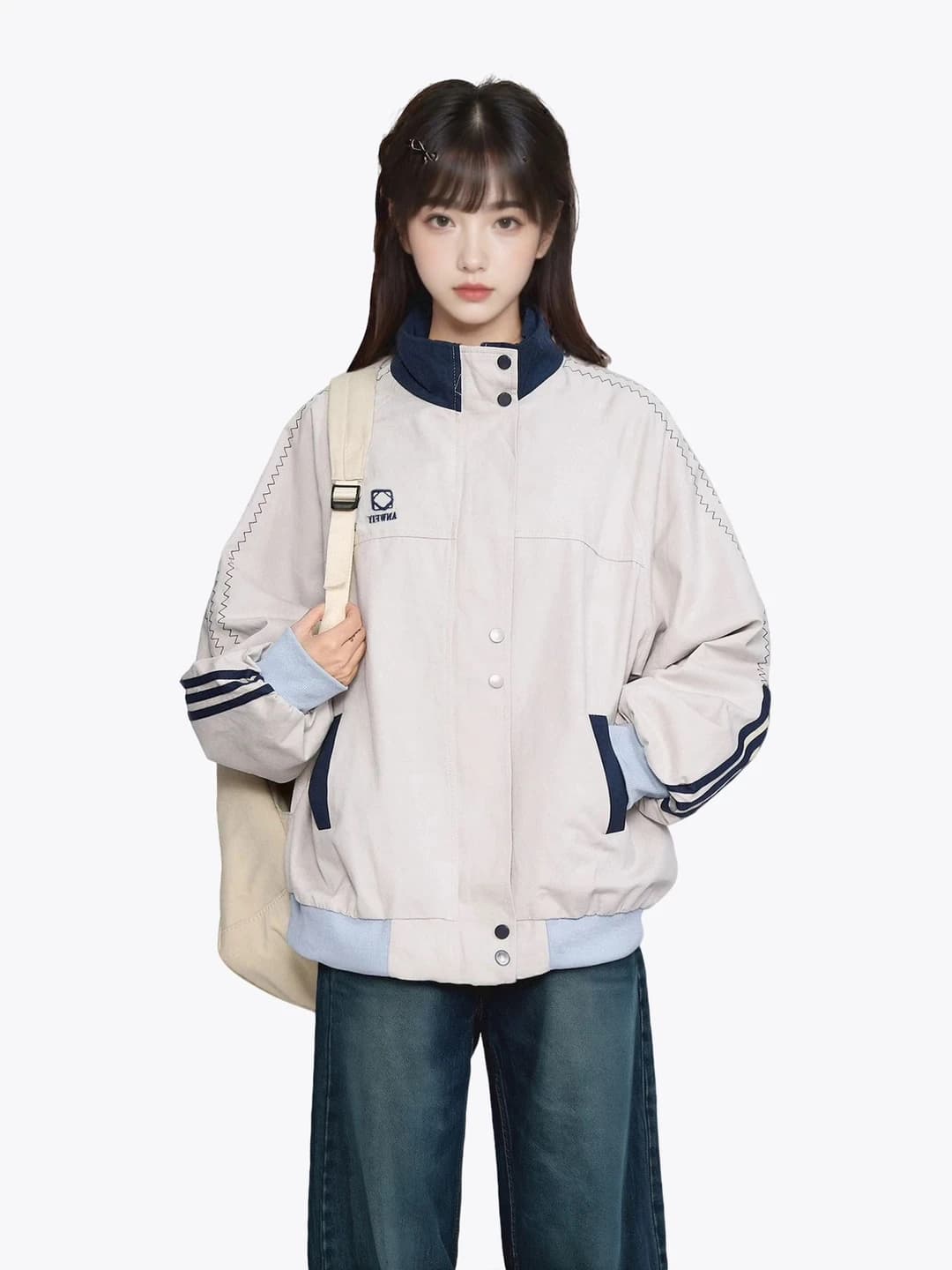 Women's retro style loose fit jacket with stand collar, zip closure, long sleeve, casual