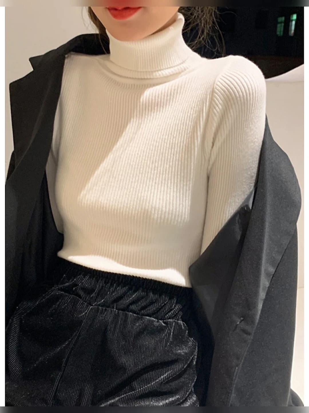 Women's autumn-winter 2026 Korean style black high neck long sleeve slim fit knit long-sleeve base top