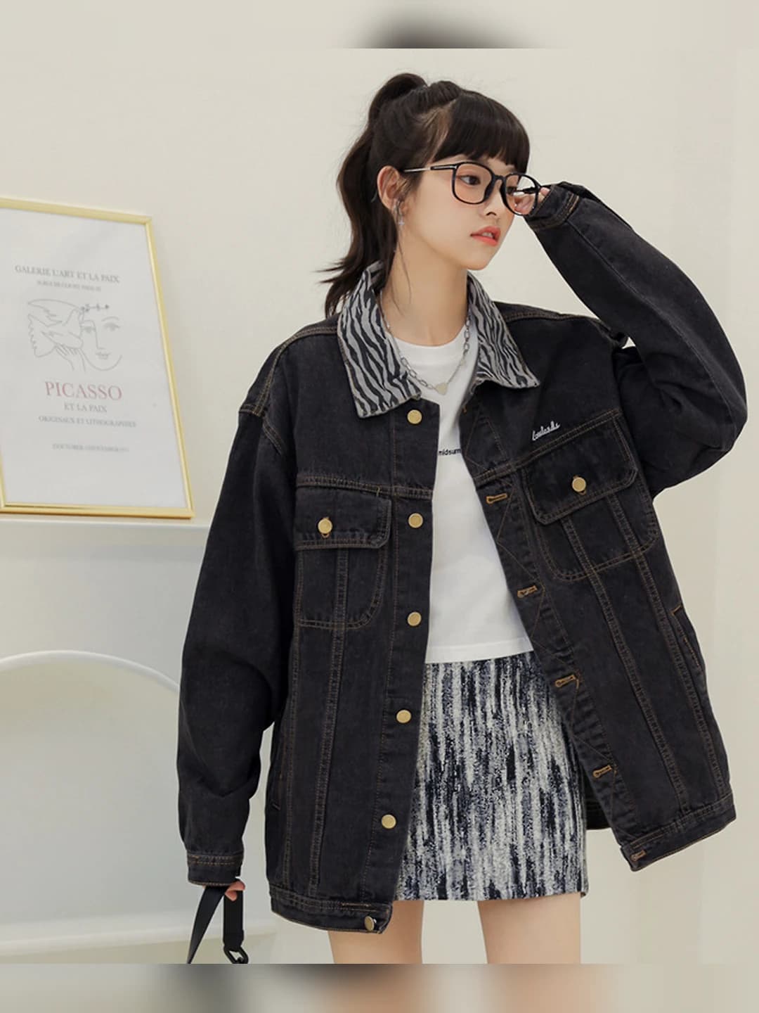 Women's retro zebra print denim jacket, loose fit, long sleeve, lapel collar, spring-autumn