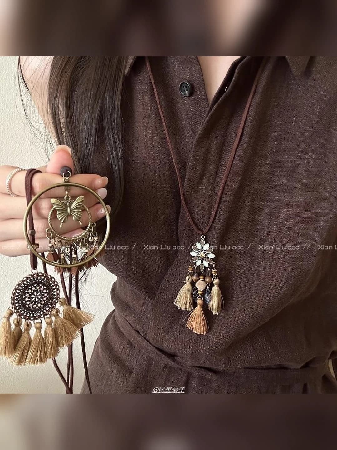 Women's long retro chain necklace with butterfly and tassels