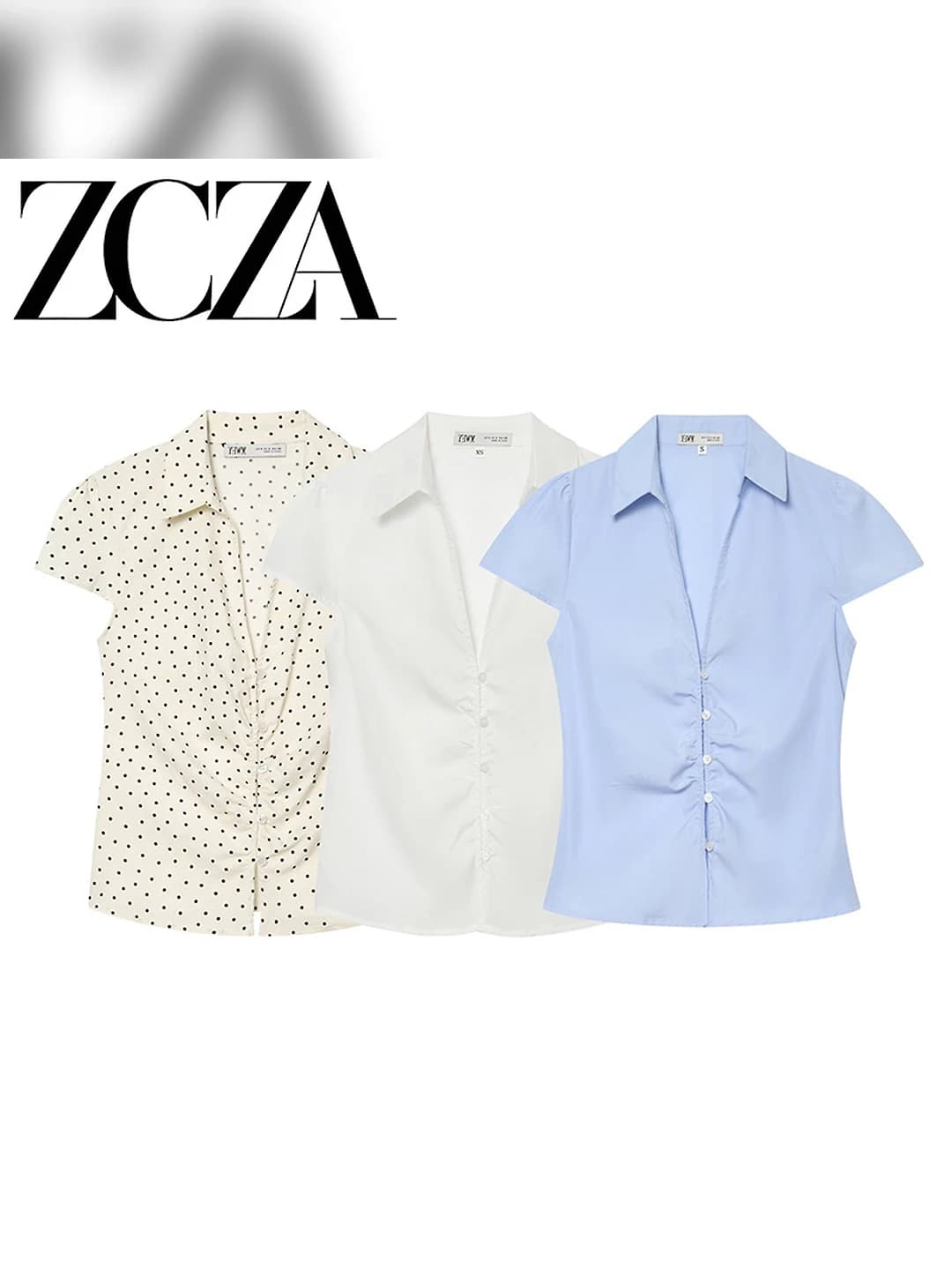 Ayollar uchun kalta yengli POLO yoqali, qovurg'ali, ko'p tugmachali ko'ylak-shirt