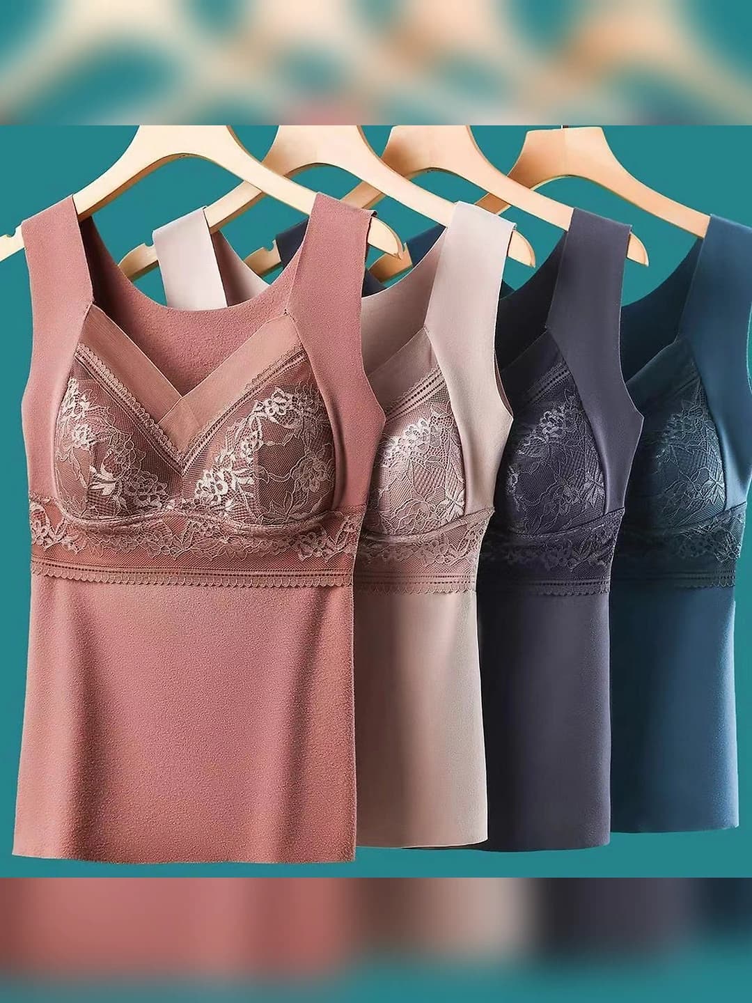 Women's thermal underwear top with lace and fleece lining, slim fit, solid colour, V-neck, warm tank top