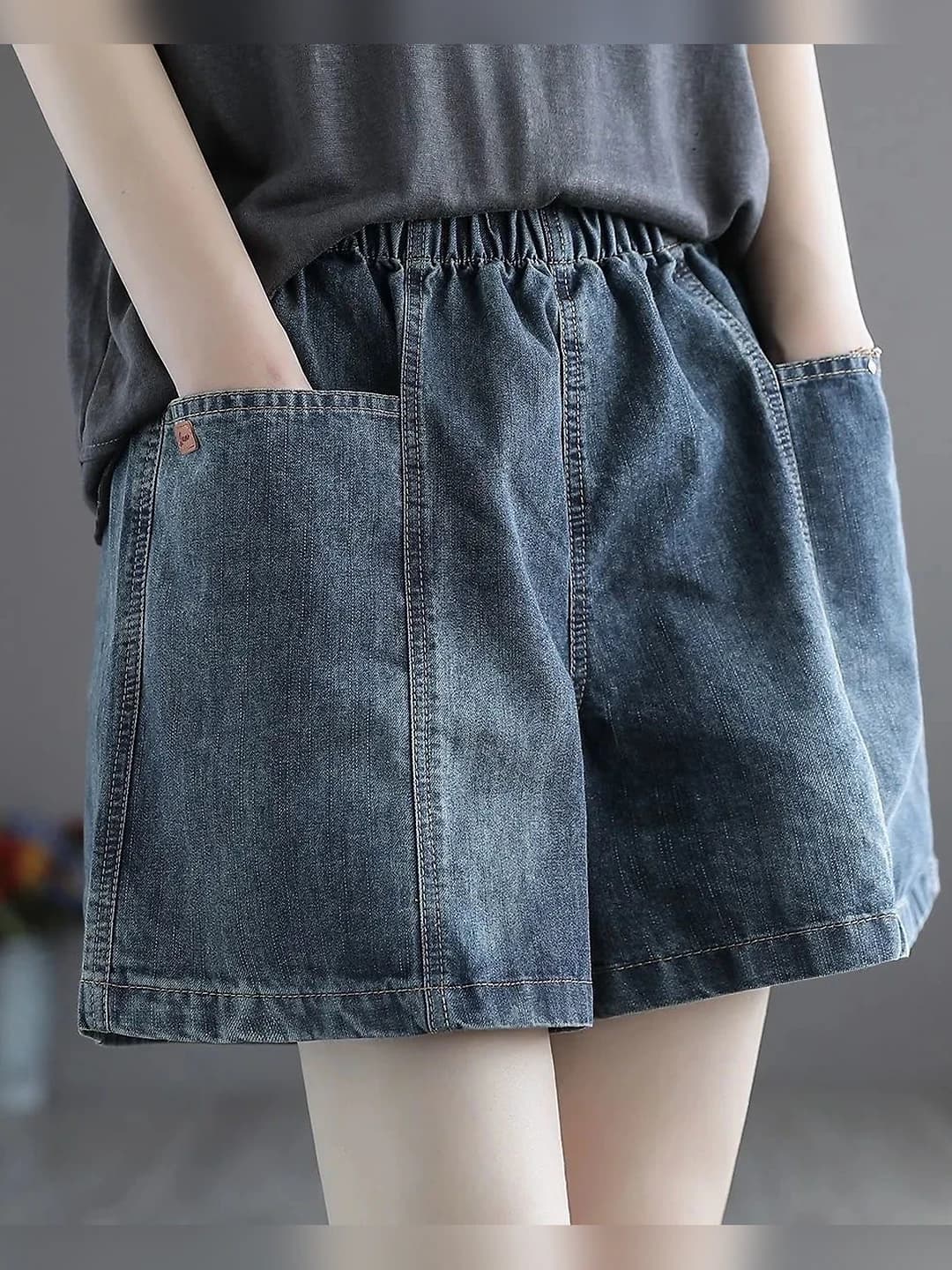Women's summer Korean style denim shorts, wide-leg trousers, high waist, loose fit, slimming, elastic waist, retro