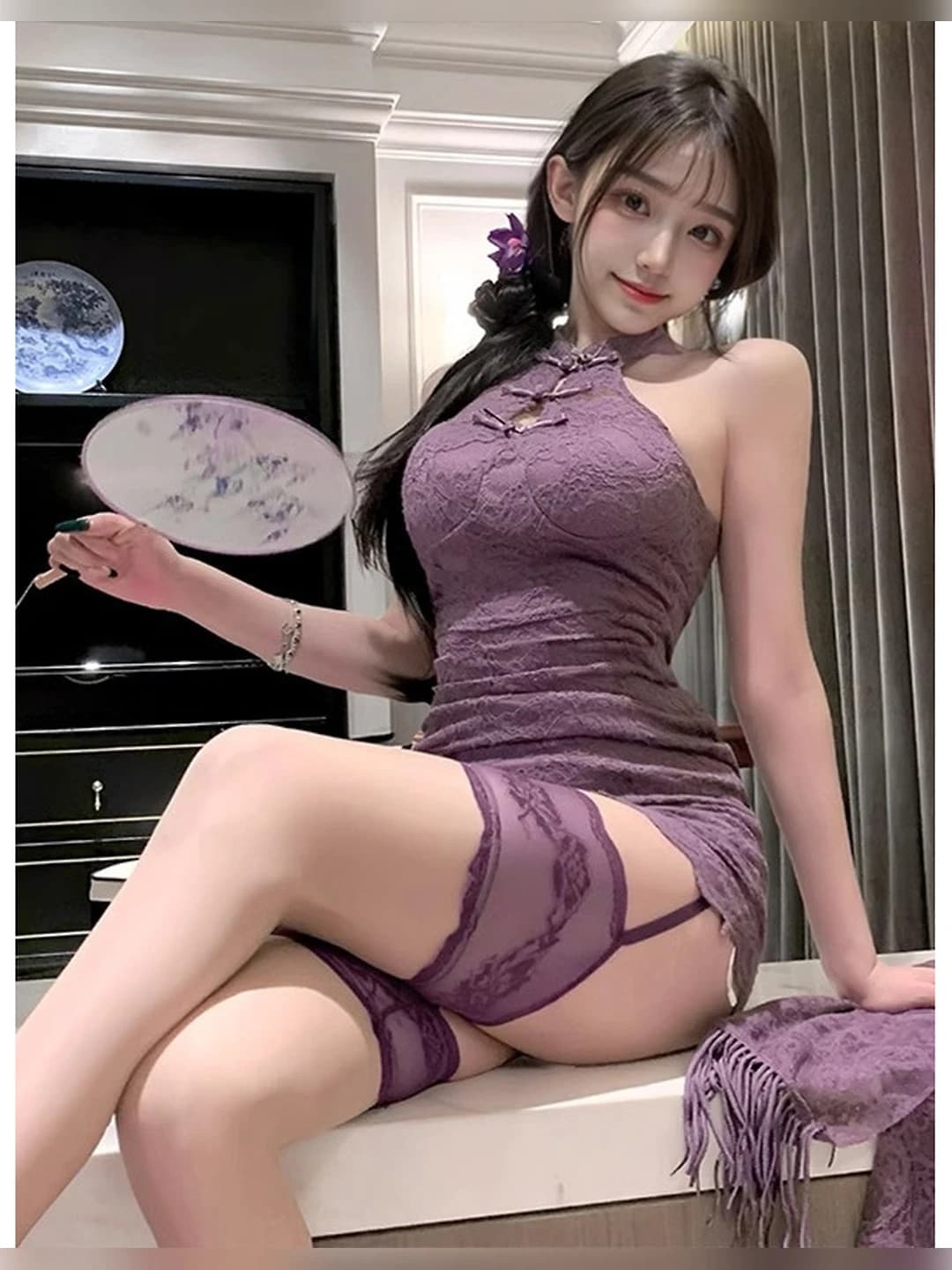 Ayollar uchun erotik qipao uslubidagi ichki kiyim to'plami, binafsha rang, ko'krak podlari bilan, katta o'lcham