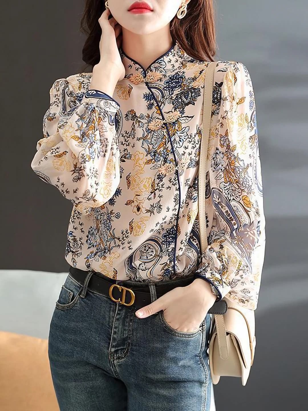 Women's printed long-sleeve blouse, retro, spring-autumn 2026, stand collar and pankou buttons