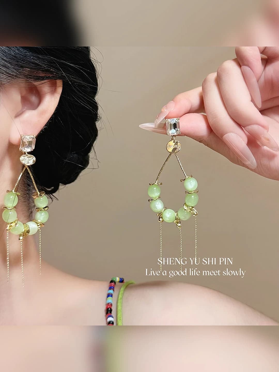 Women's Korean style earrings with green zircon, geometric shape, flower elements and beads