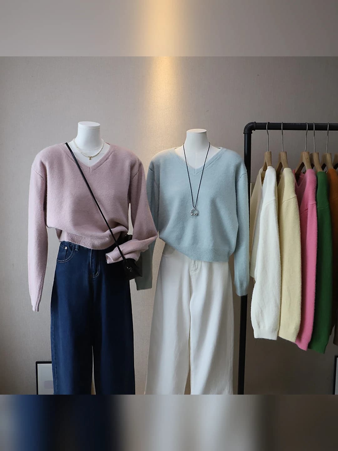 Women's 2026 autumn-winter Korean style V-neck, long sleeve, loose fit, solid colour, cropped sweater
