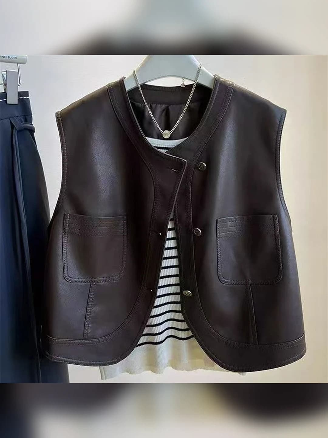 Women's PU leather vest, autumn, cropped, sleeveless, single button, patchwork, brown
