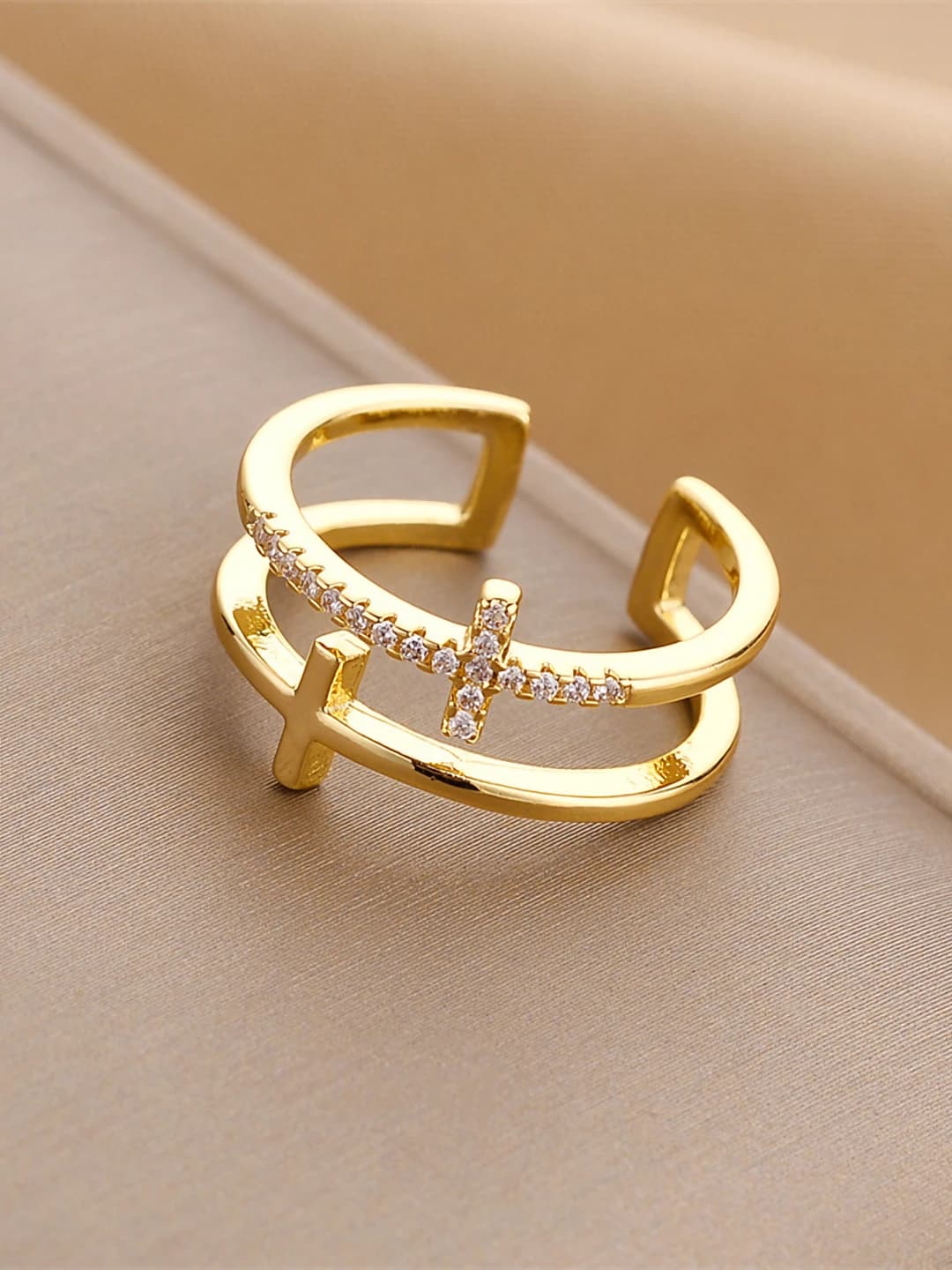 Women's open ring with double cross, geometric design, sparkling stones, plated finish