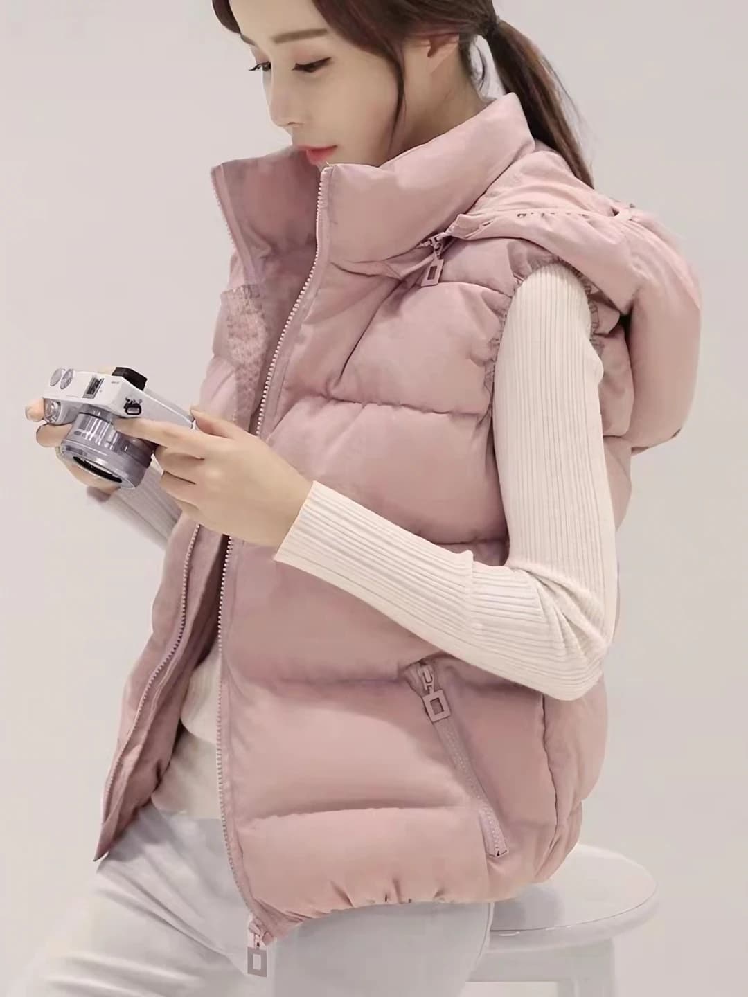 Women's cropped padded vest with down-alternative fill autumn-winter 2026, Korean style, slimming, solid colour, cardigan, outerwear