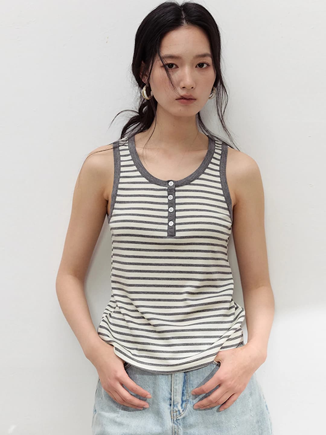 Women's striped button tank top, spring-summer, slim fit, casual sports long-sleeve base top