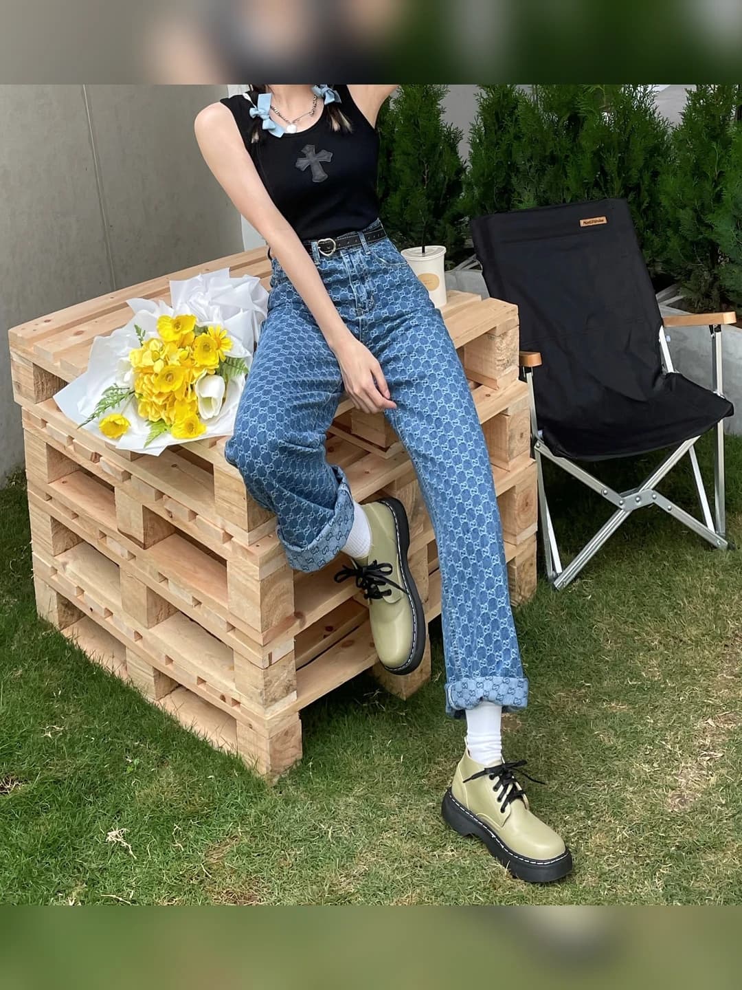 Women's 2026 spring-autumn full print blue high waist jeans, wide and flared jeans, loose fit straight cut, trousers