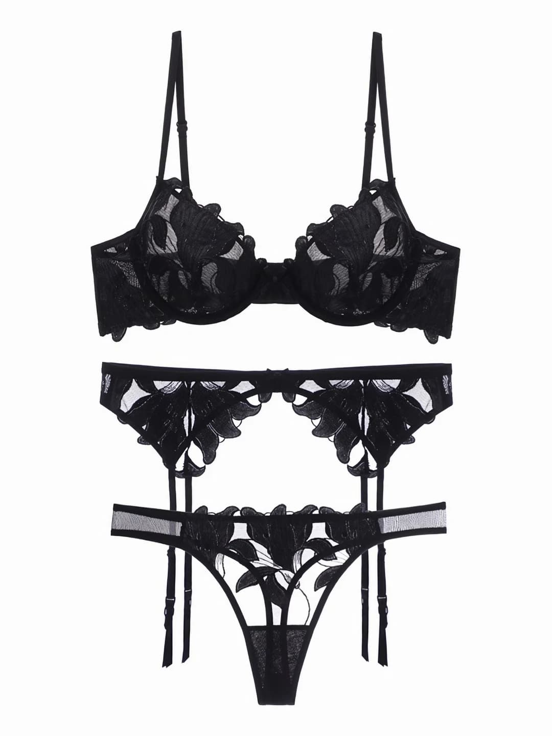 Women's lace lingerie set: ultra-thin embroidered bra, garter belt and thong, breathable