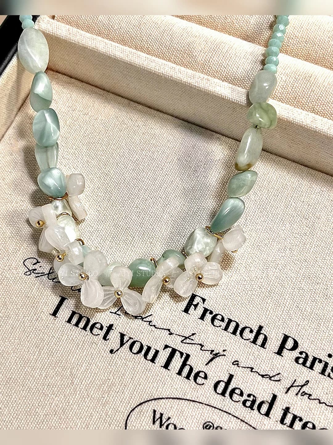 2026 mint green beaded flower necklace women's short chain