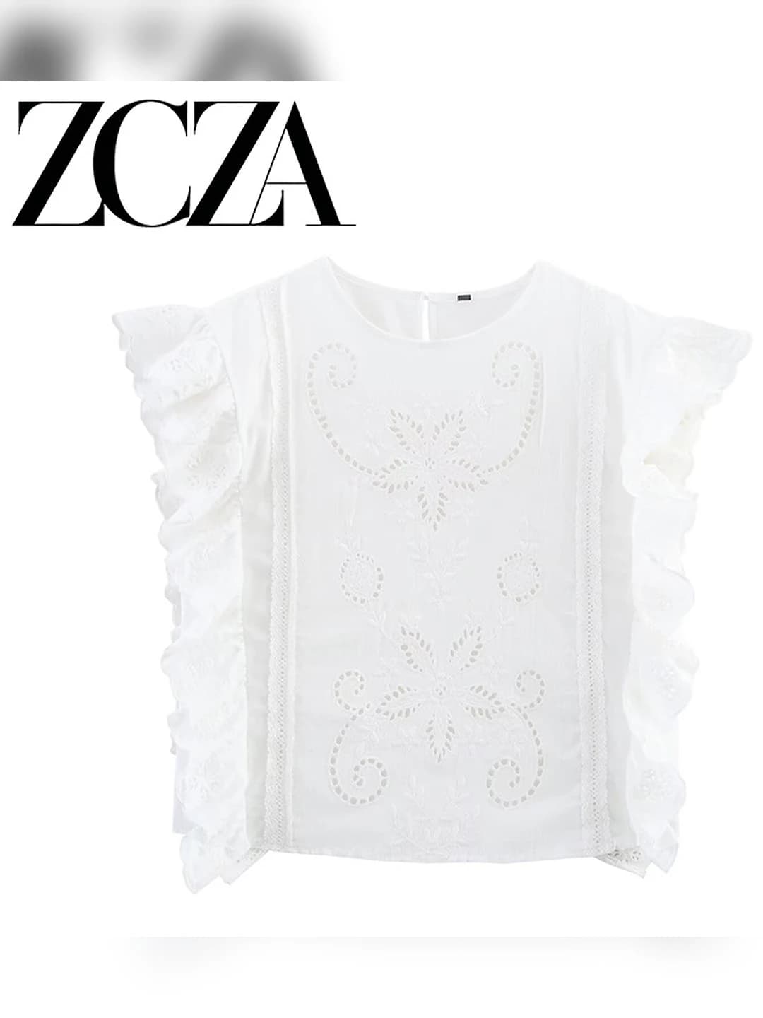 Women's embroidered sleeveless blouse, solid colour, slim fit, crew neck, blue