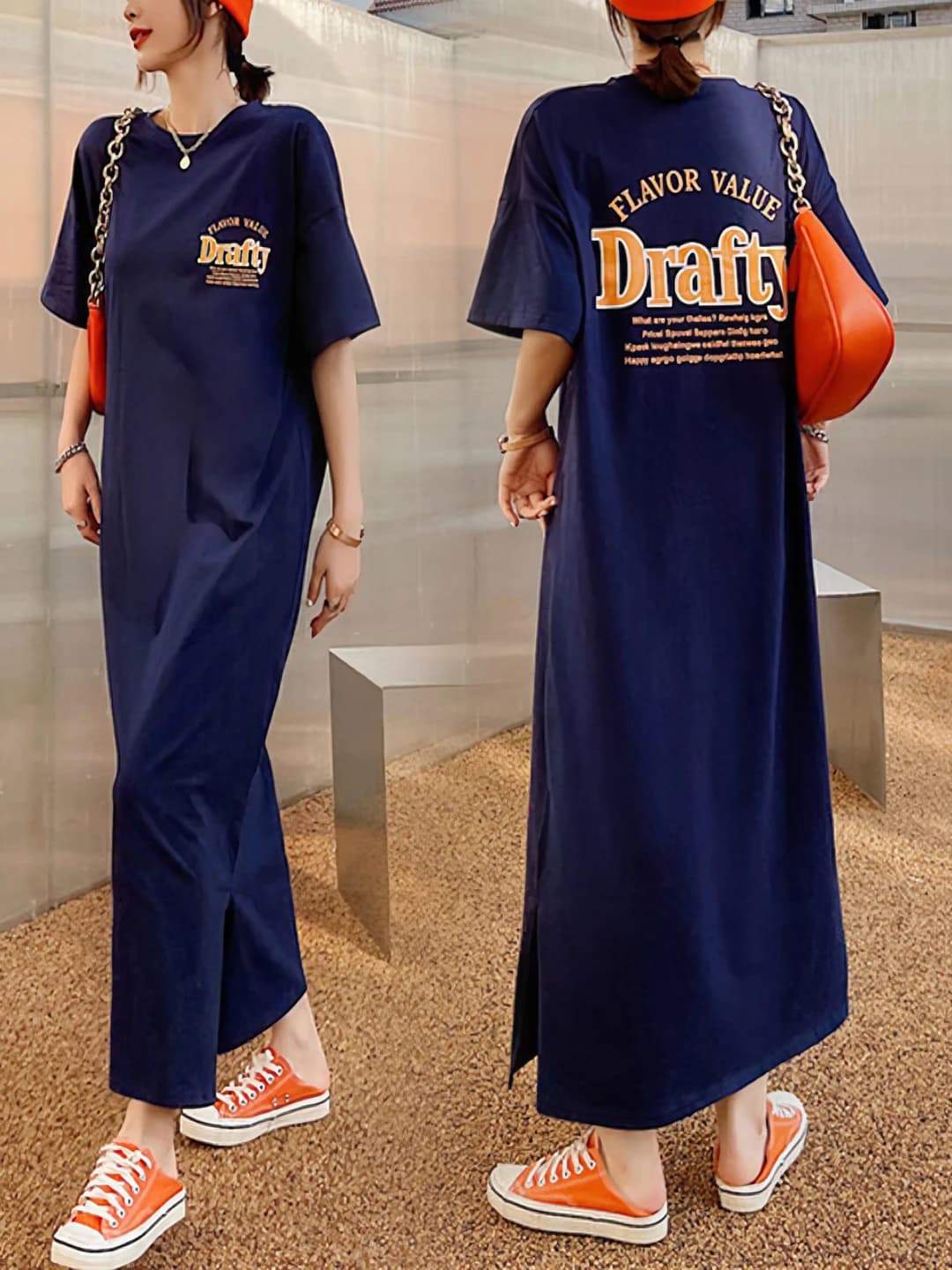 Women's summer plus size Korean style printed t-shirt dress, long, crew neck, short sleeve