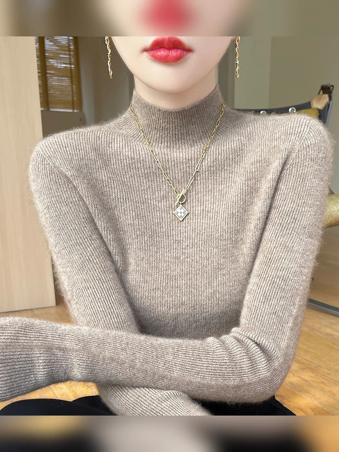 Women's mock neck knit sweater, long sleeve, slim fit, solid colour, autumn-winter