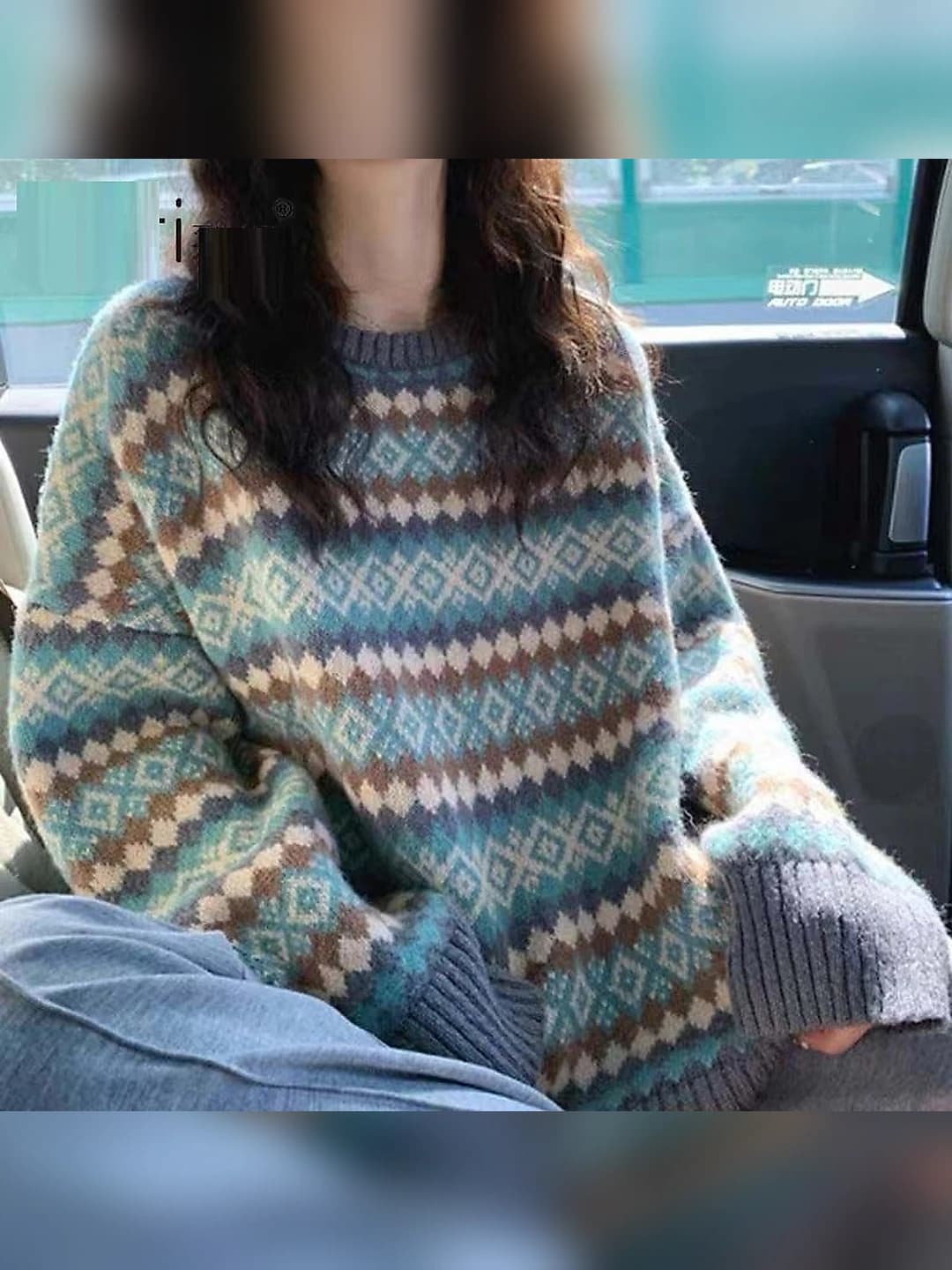 Women's Korean style autumn-winter loose fit retro casual knit top, crew neck, long sleeve, 3D pattern