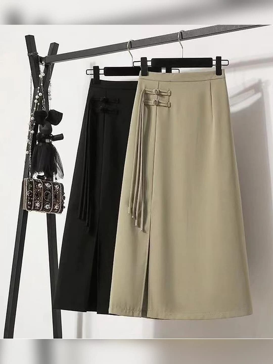Women's high waist mid-length A-line skirt with side slit and frog buttons, polyester, casual style, spring-summer