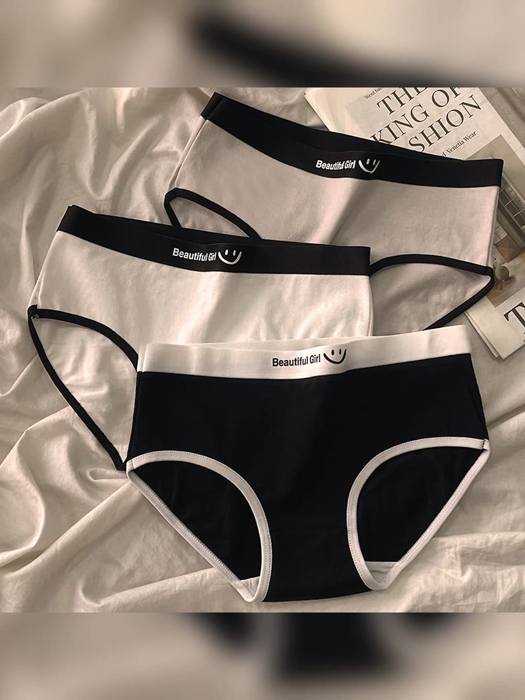 Women's pure cotton briefs, mid-waist, letter and smiley pattern, color-block, breathable, seamless, all-season