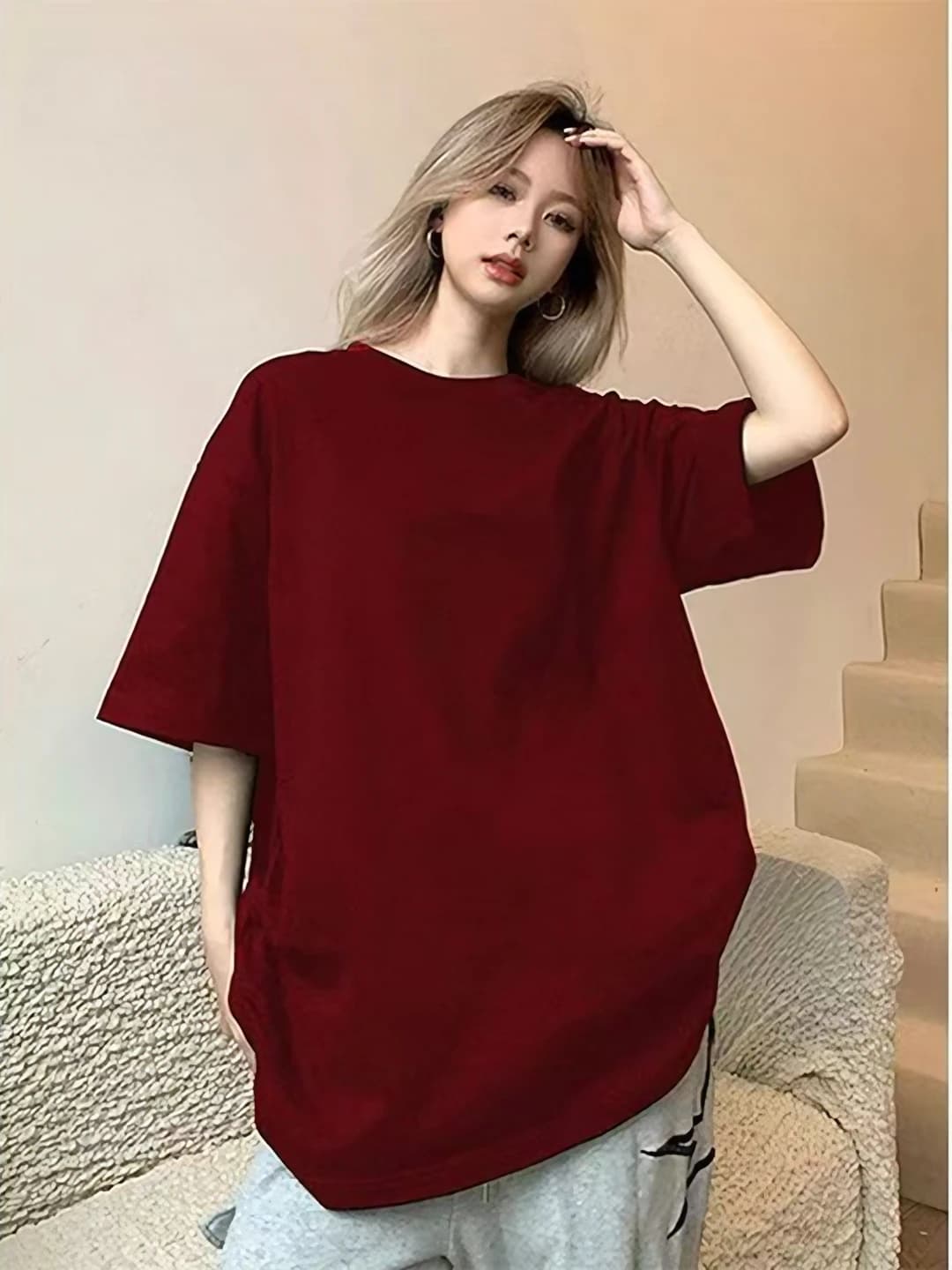 Bordo [Yagona rang] Keng T-shirt